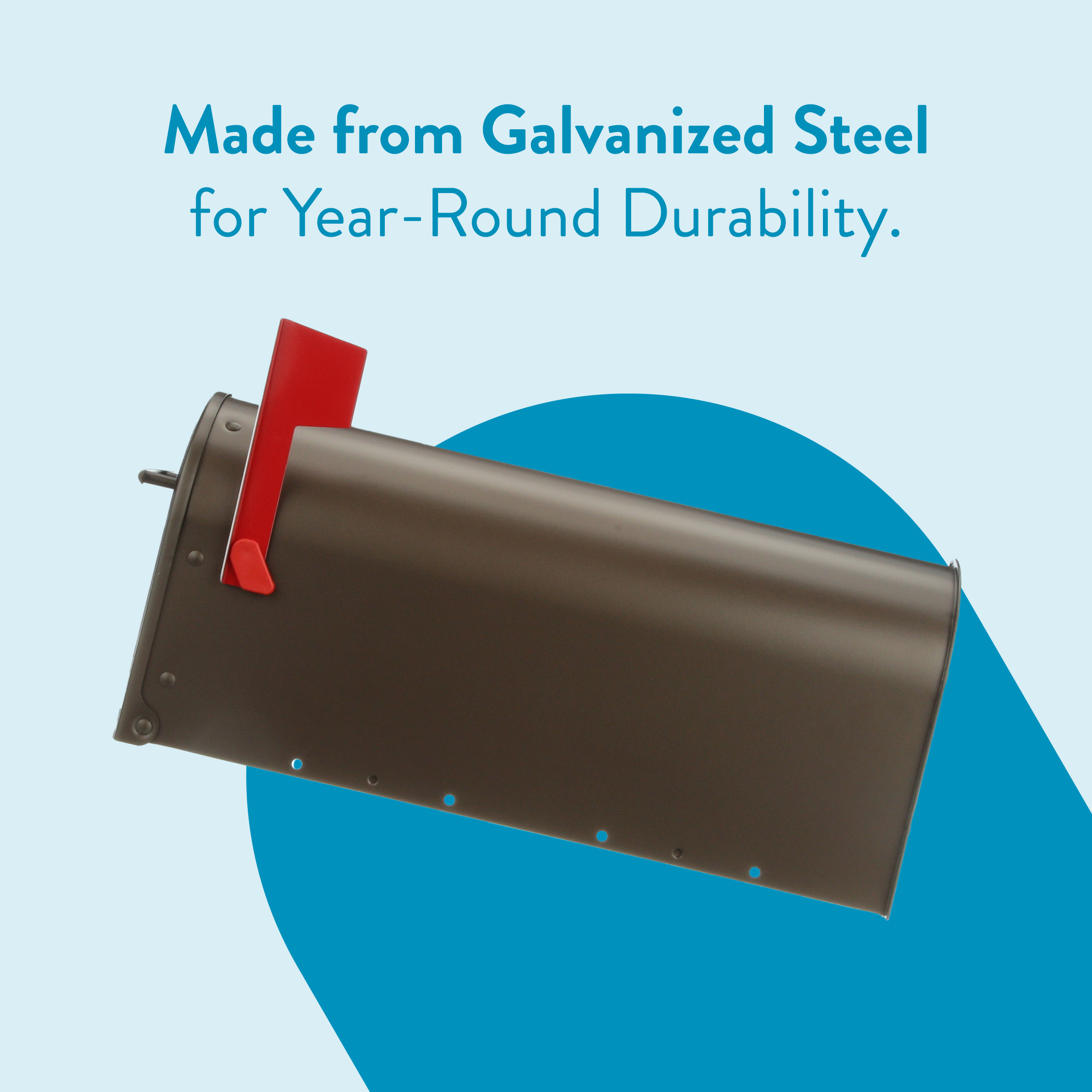 Galvanized steel mailbox with a red flag, angled on a blue abstract background, advertising durability.