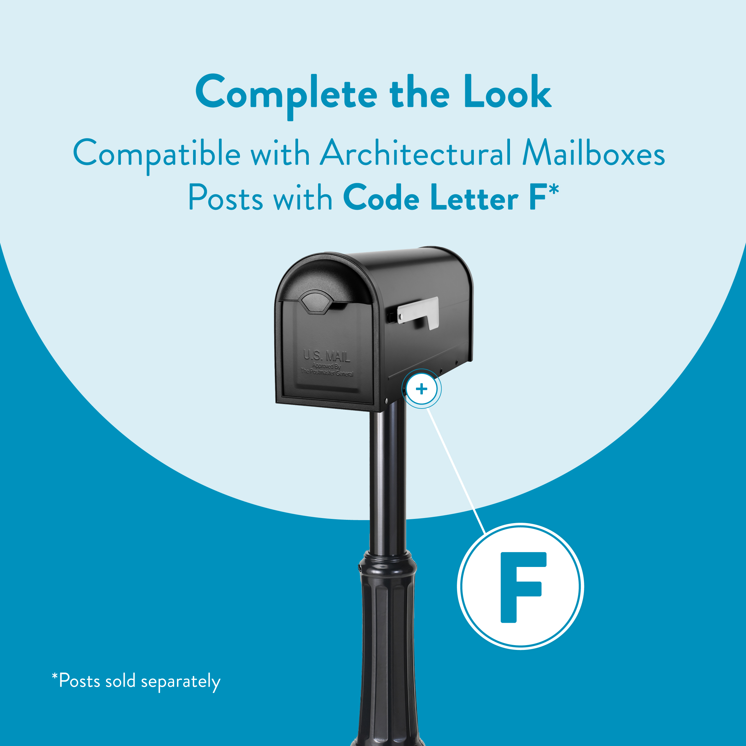 Promotional graphic for architecturally compatible mailbox posts, highlighting Code Letter F and a black mailbox on a post against a blue background.",