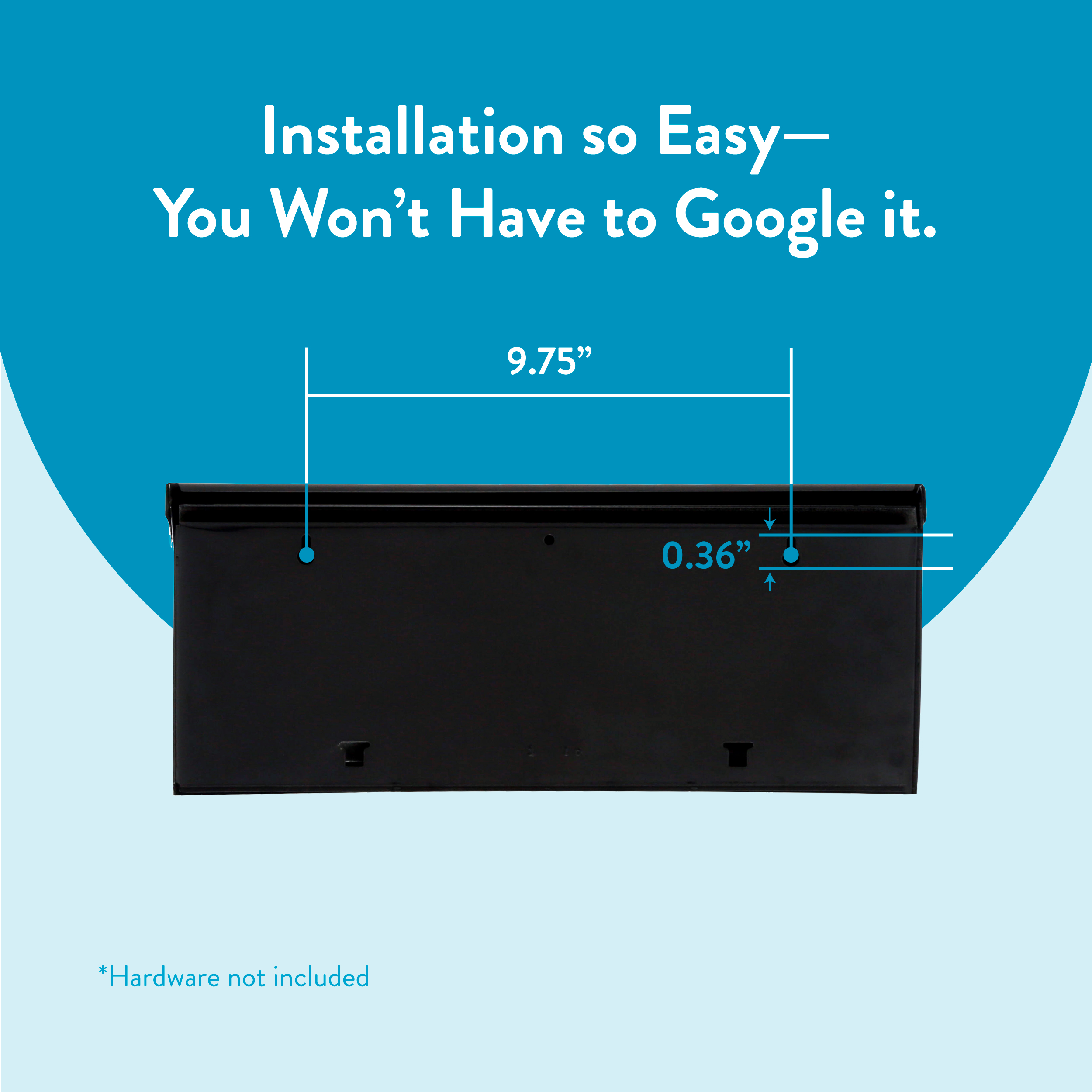 Advertising graphic showing a black rectangular device with dimensions: 9.75 inches wide and 0.36 inches thick, plus the tagline about easy installation.