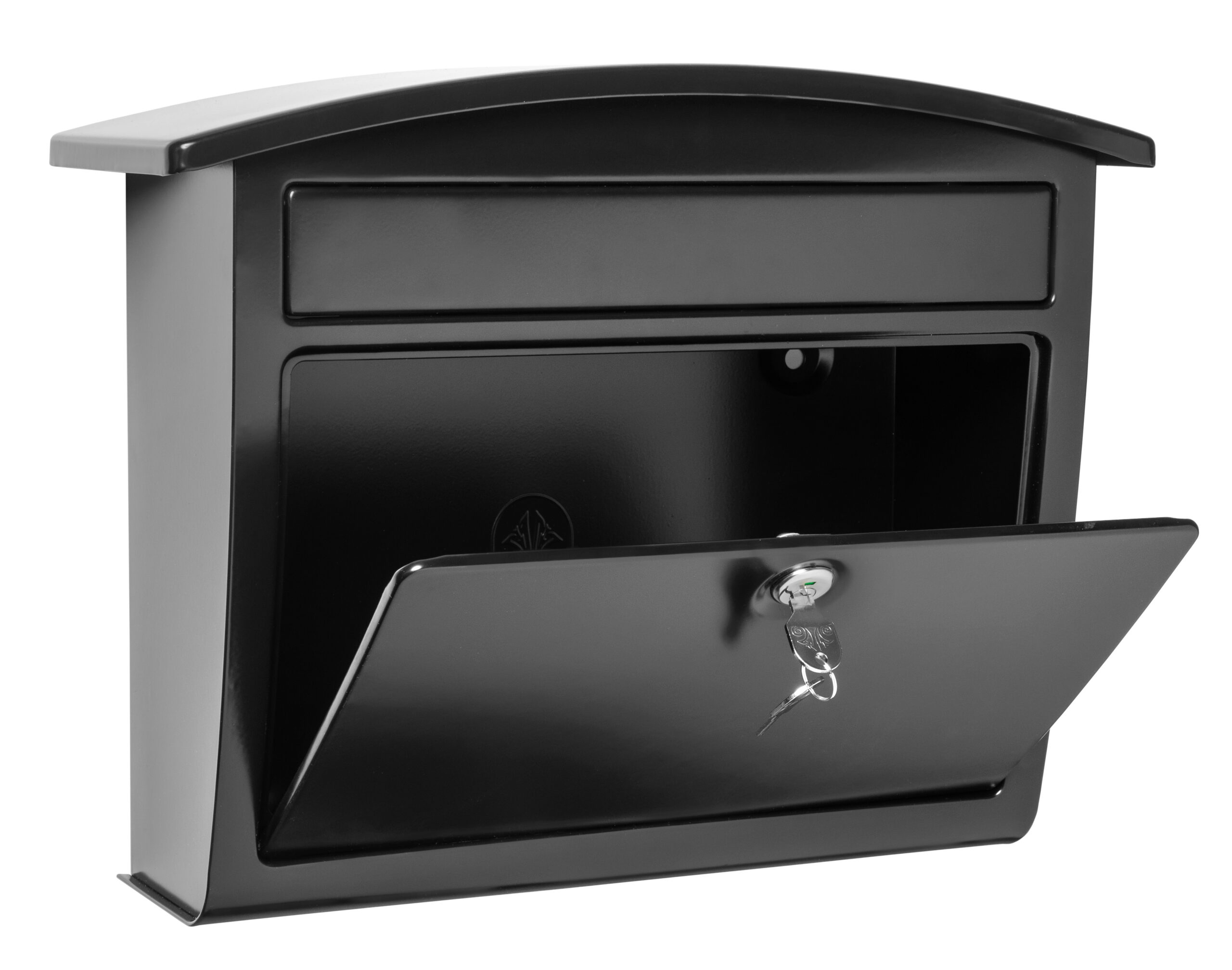Black metal mailbox with a curved top and the front door open, revealing an inner compartment and a key in the lock.