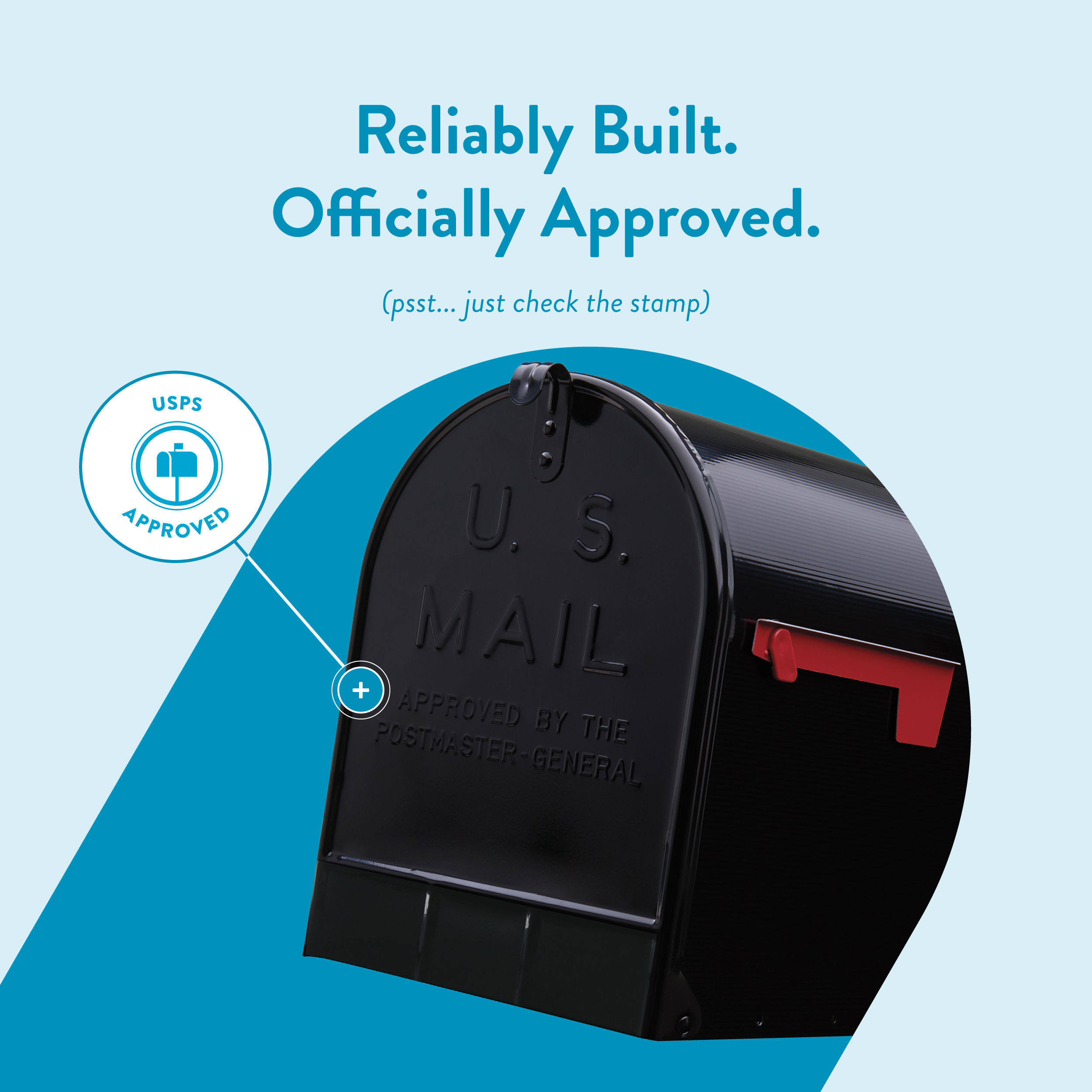 Promotional graphic showing a black U.S. Mail mailbox with a USPS Approved badge and bold text 'Reliably Built. Officially Approved.'