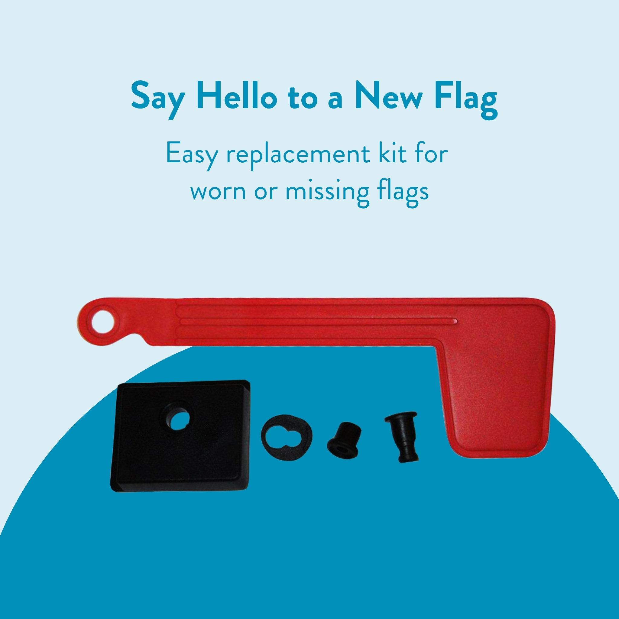 Red flag replacement tool kit with several small black parts on a blue curved backdrop, promoting an easy flag replacement kit.