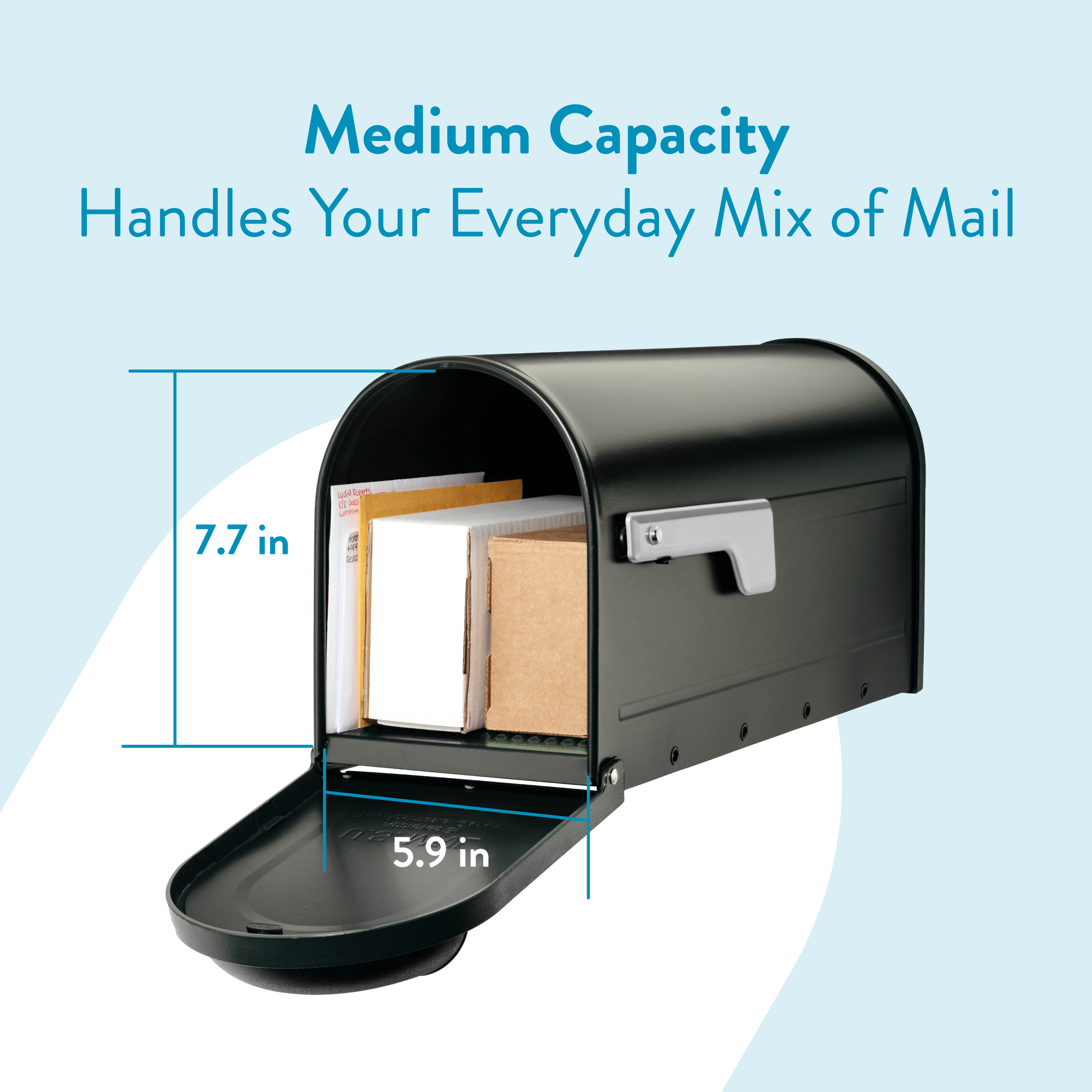 Medium-capacity black mailbox with several letters and a front drop-down door, labeled dimensions 7.7 in high and 5.9 in deep.