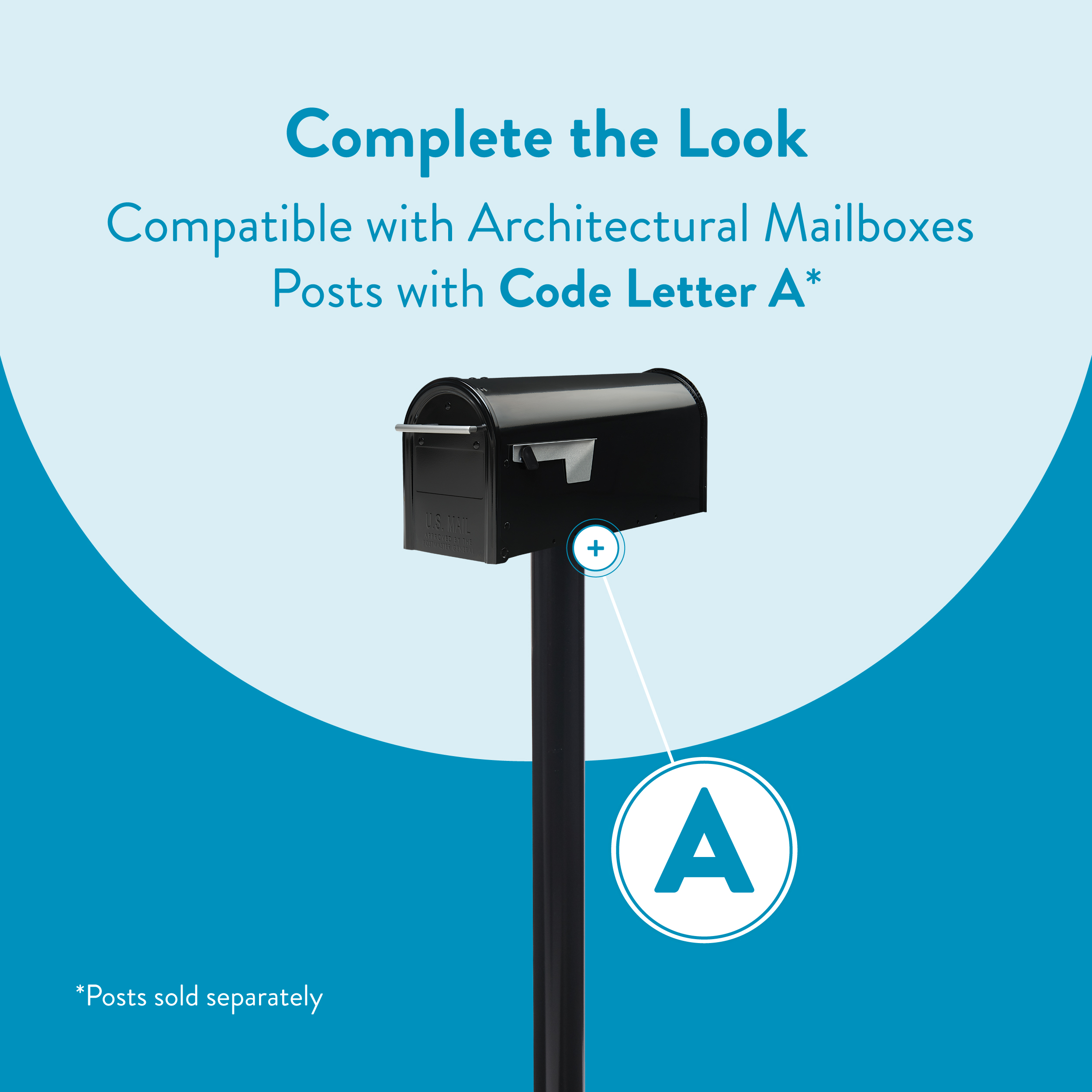 Promotional image showing a black mailbox on a post with a circular 'A' tag, advertising compatibility with Code Letter A for Architectural Mailboxes.