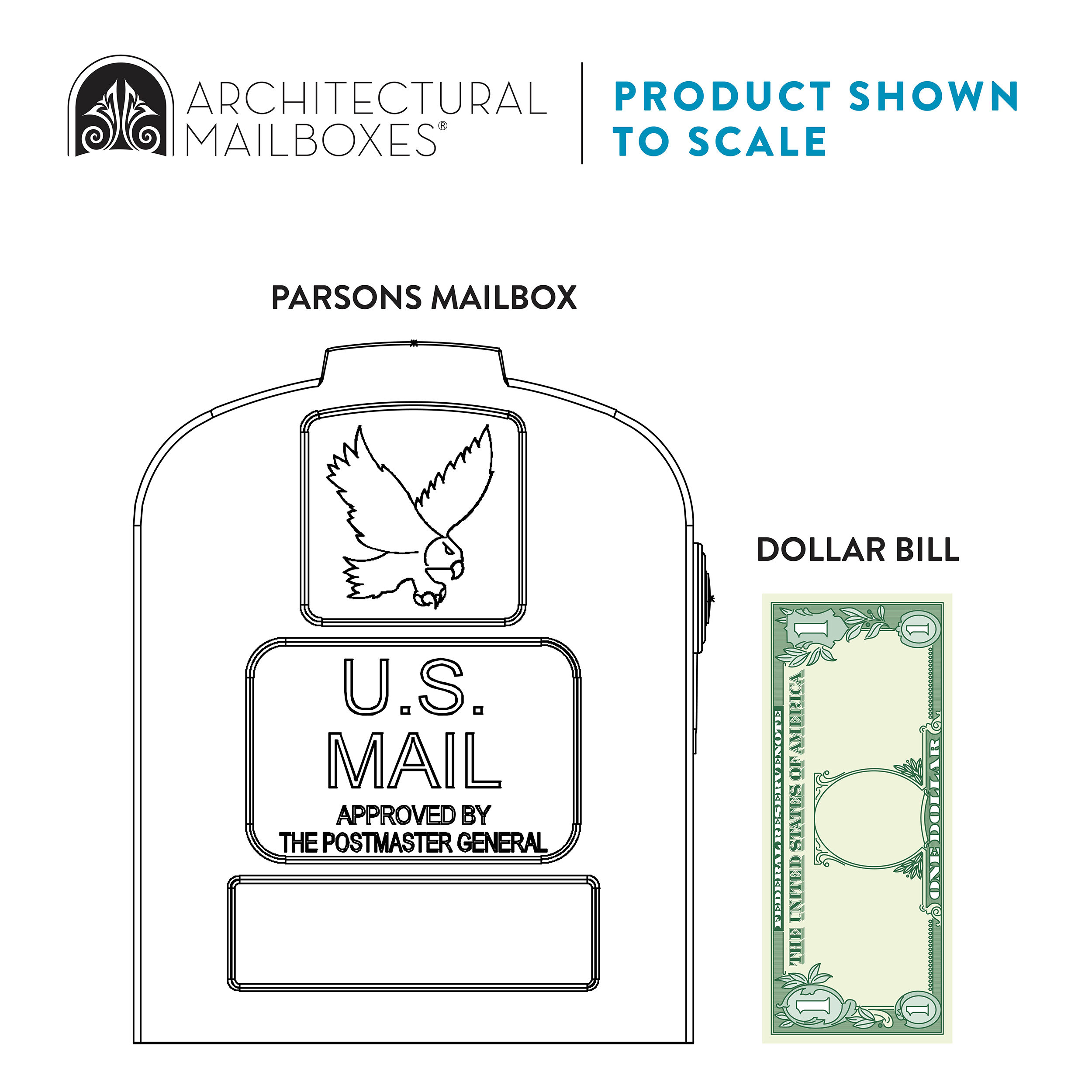Line drawing of a Parson's mailbox with U.S. Mail label and eagle emblem, shown with a one-dollar bill for scale.