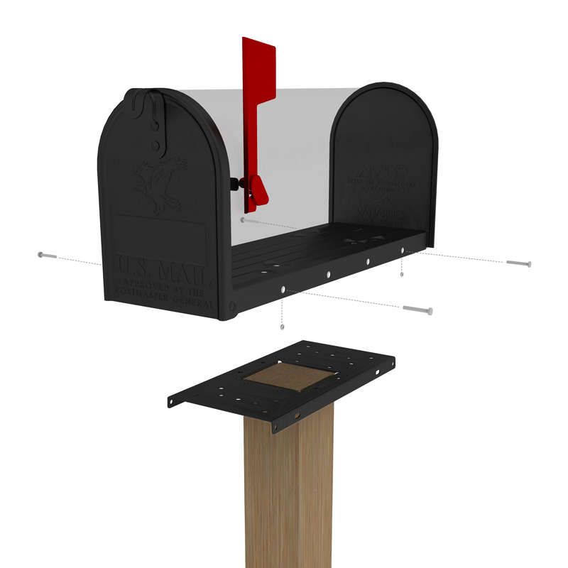 Exploded view of a black U.S. mailbox with red flag, mounting hardware, and a wooden post base.