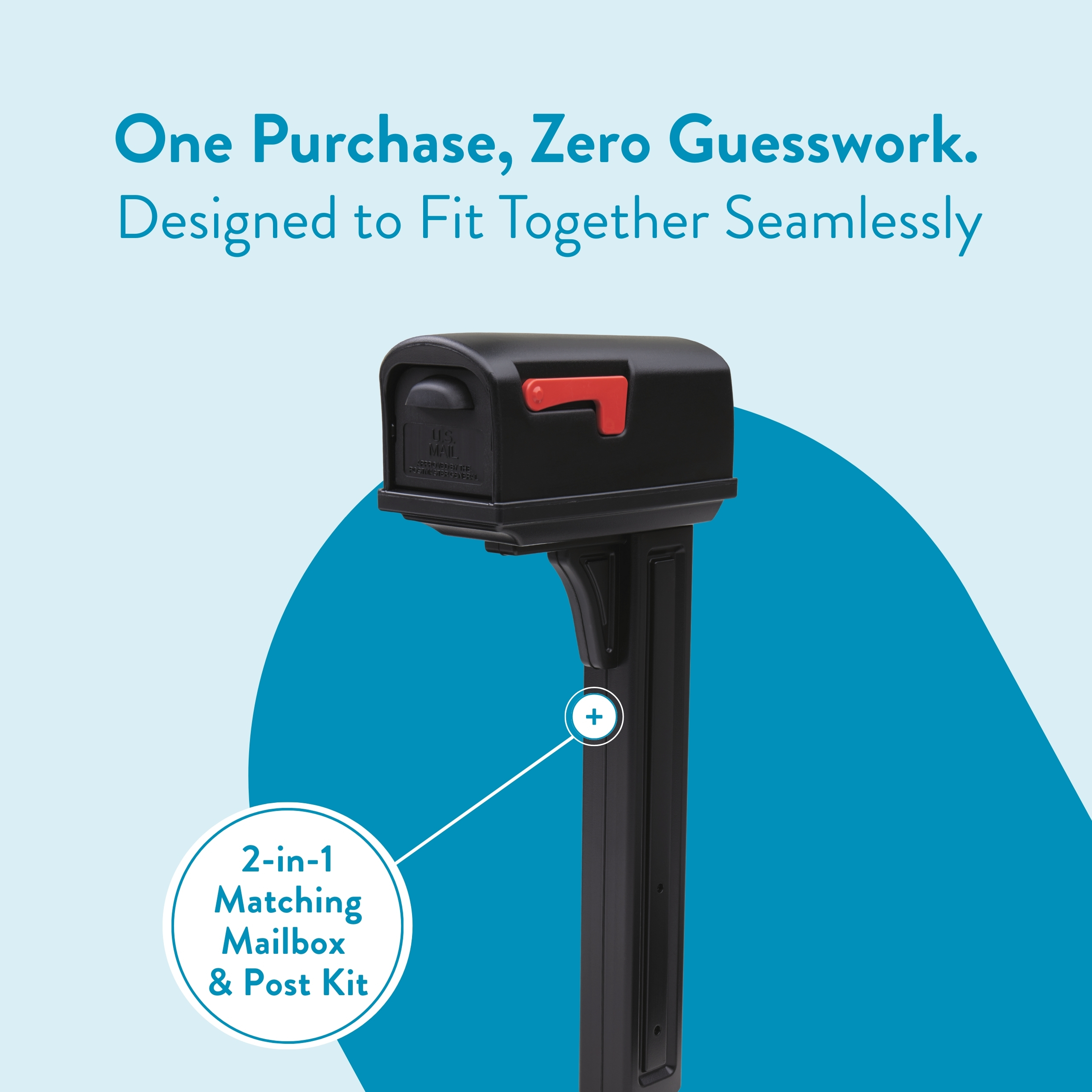 Promotional image for a 2-in-1 matching mailbox and post kit, showing a black mailbox on a tall post against a blue background.