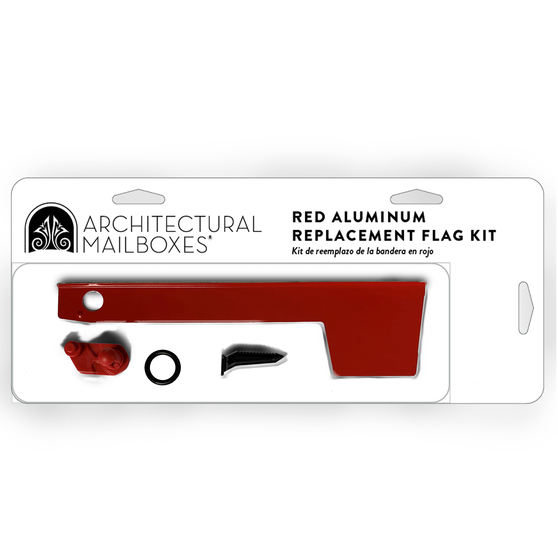 Packaging for Architectural Mailboxes' Red Aluminum Replacement Flag Kit: includes a long red metal arm and small mounting parts
