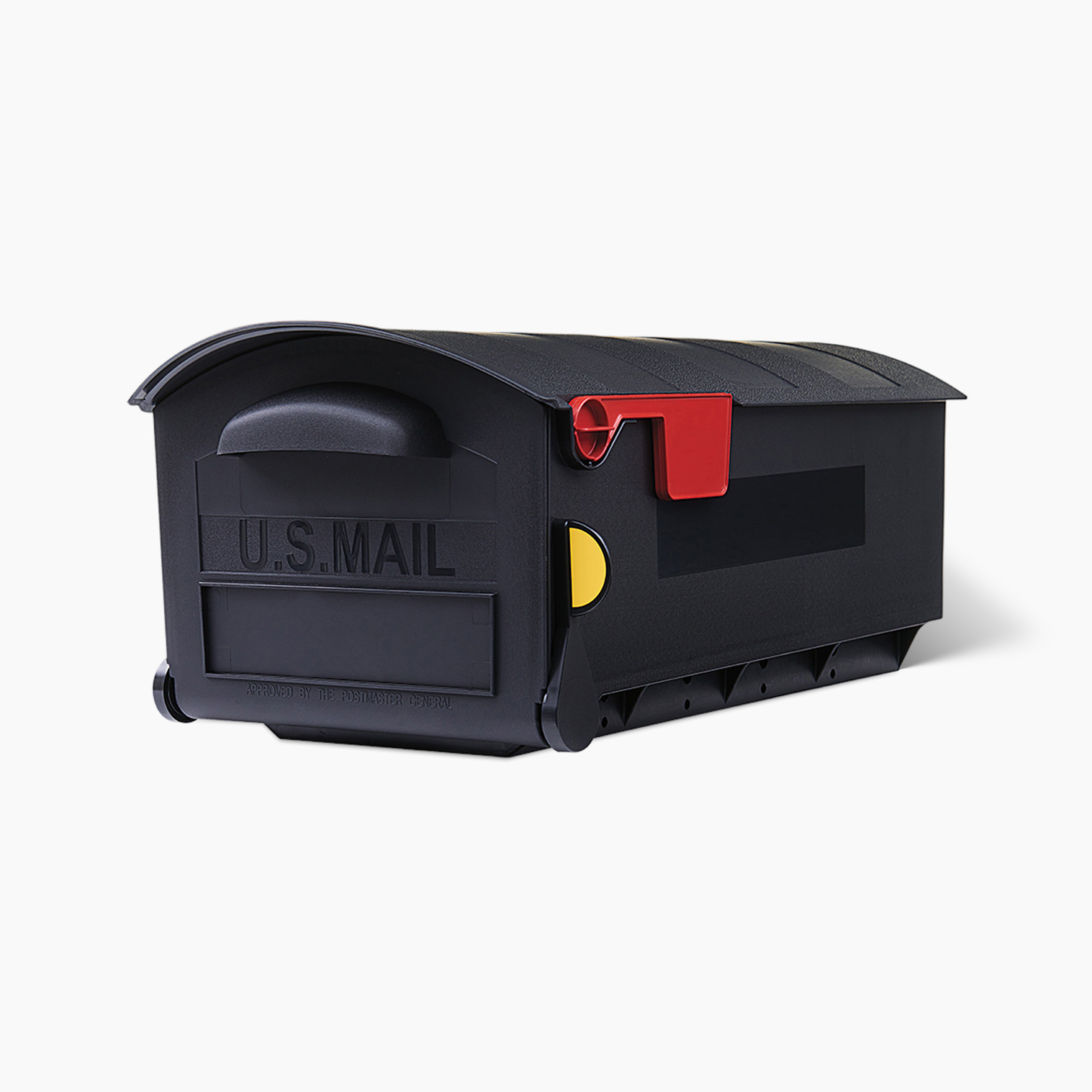 Black curbside mailbox with curved lid and a raised red flag, set against a white background, labeled U.S. MAIL (informative image).