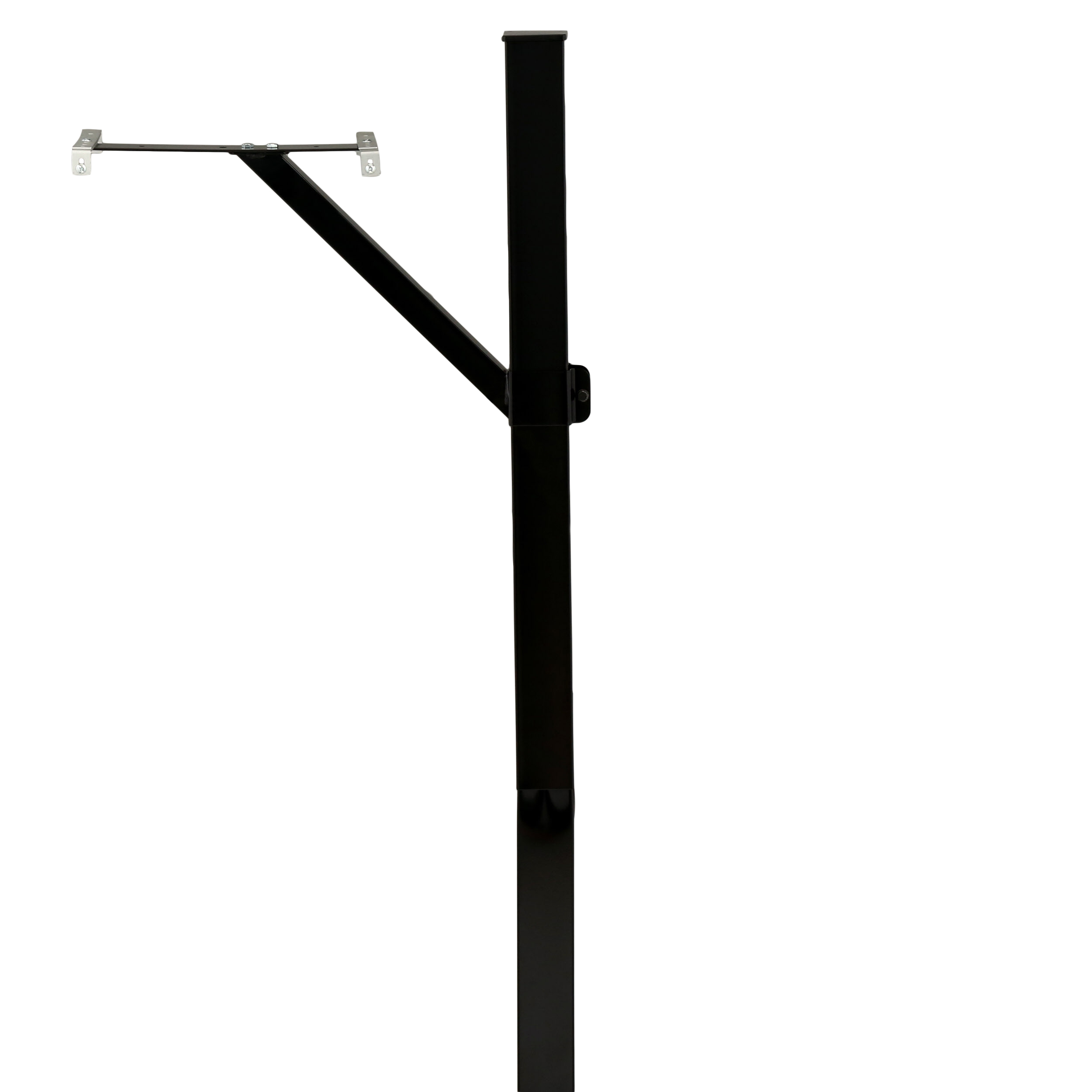 Black metal vertical post with a diagonal brace and a small mounting bracket at the top-left.