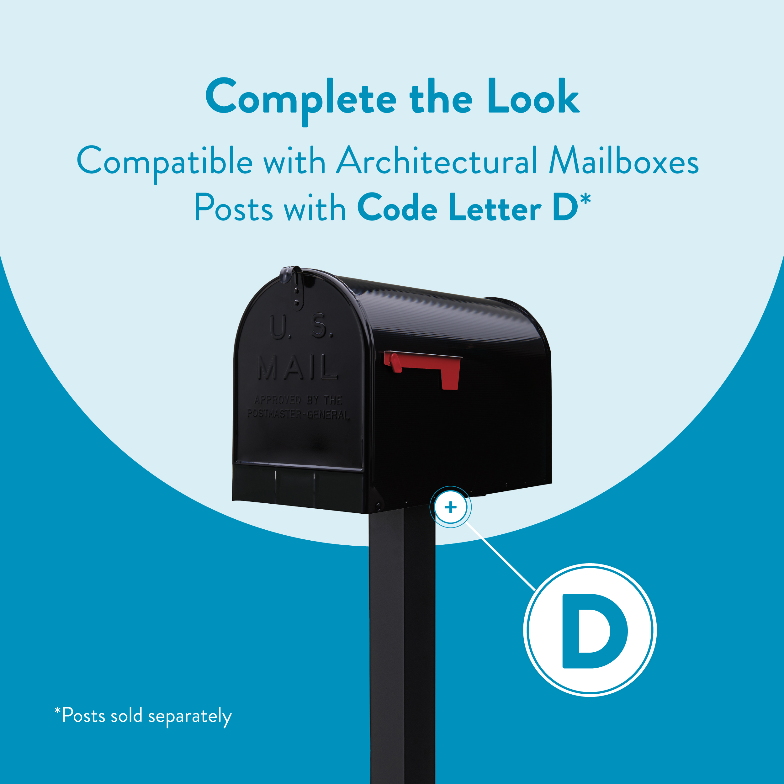 Promotional graphic showing a black mailbox on a post with a large blue D graphic and text about compatibility with Architectural Mailboxes and posts with Code Letter D (posts sold separately).