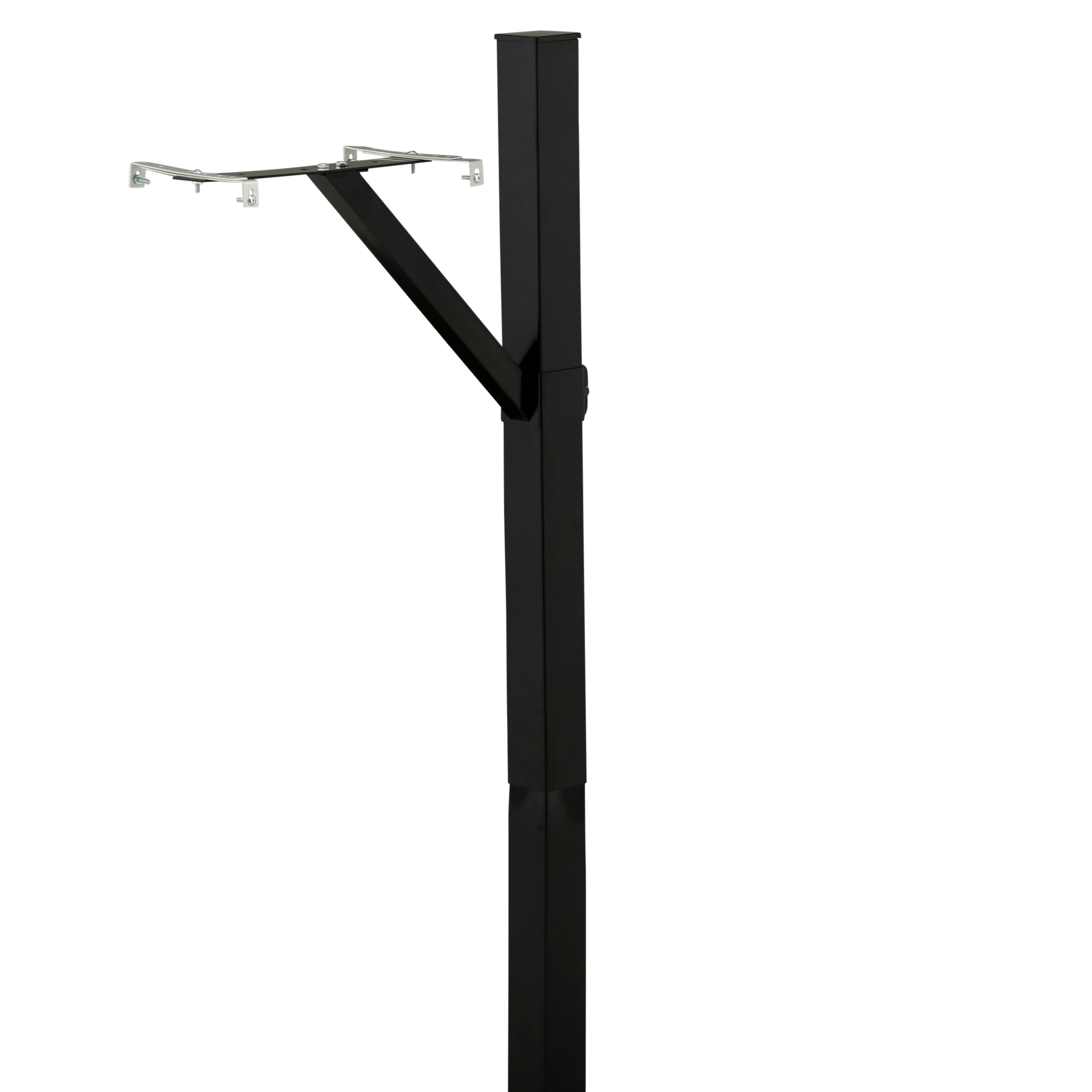 Black square metal post with a diagonal brace and a small left-extending mounting bracket at the top, likely for a shelf or sign hardware.