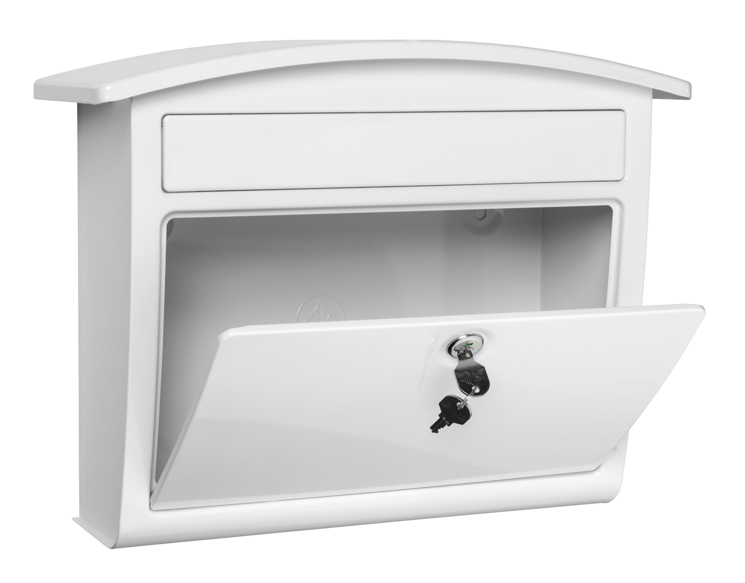 White mailbox with a curved top, front panel open showing the lock and keys in the door