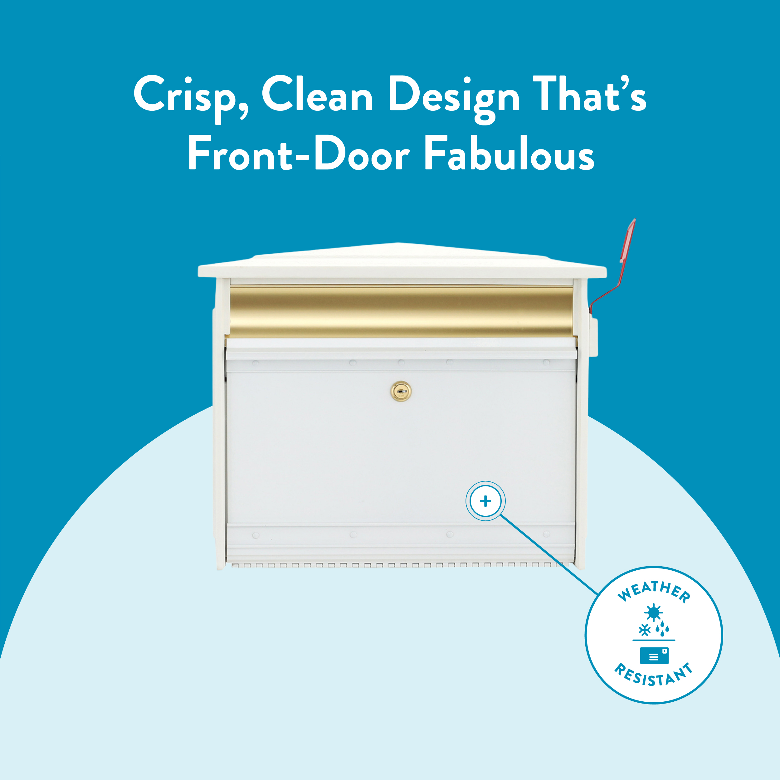 Ad: white front-door mailbox with gold slot on blue background, plus a weather-resistant badge.