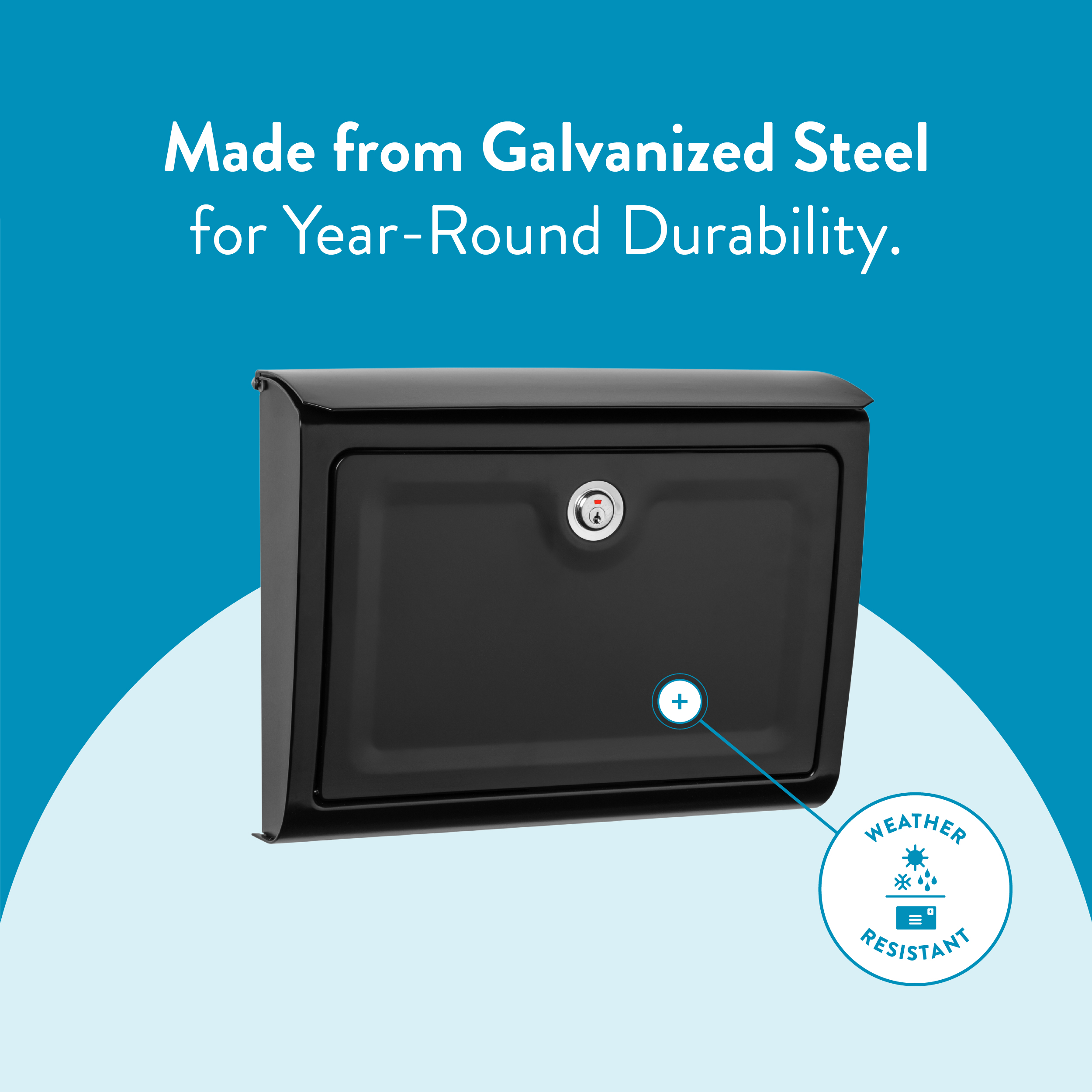 Black galvanized-steel mailbox on a blue background with a curved light-blue arc; text reads 'Made from Galvanized Steel for Year-Round Durability' and a weather-resistant badge is shown next to it.