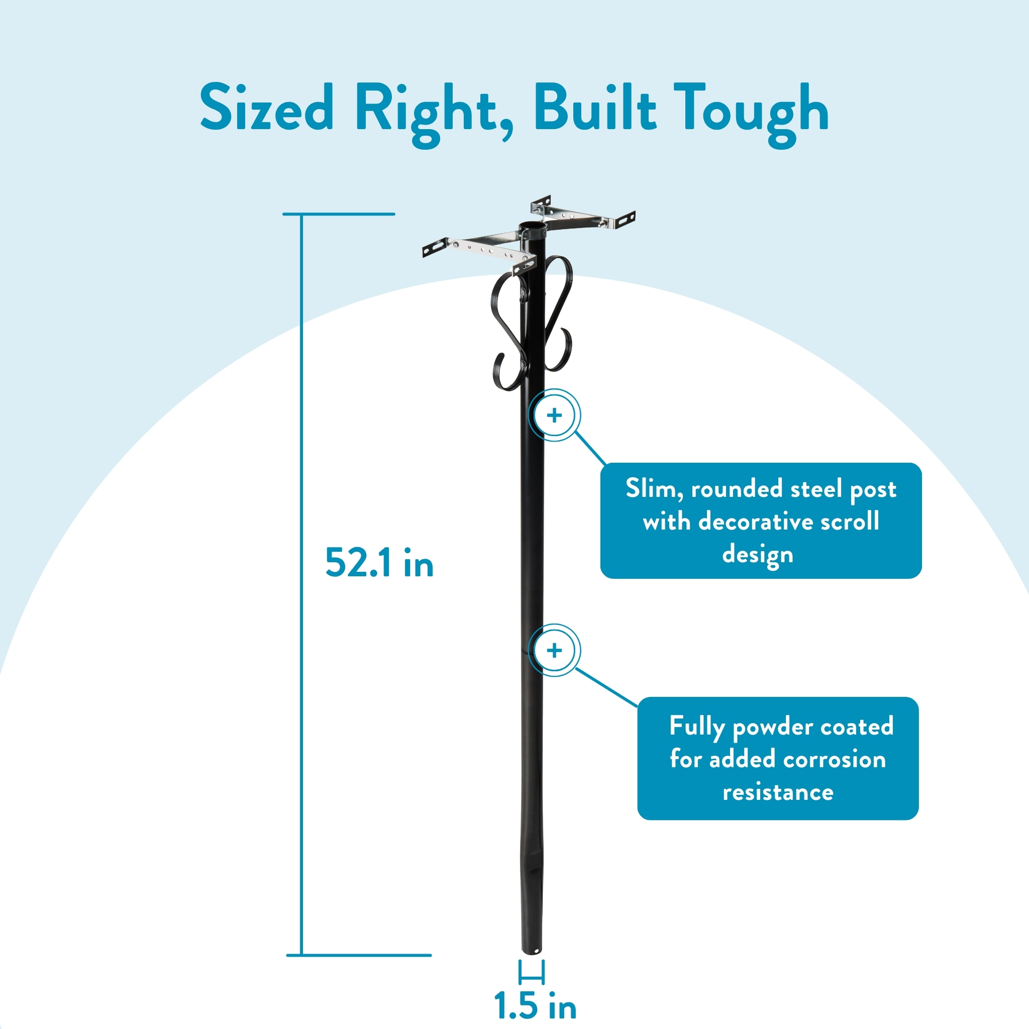 Tall black coat rack with decorative scroll arms, shown at 52.1 in tall and 1.5 in wide; features include powder-coated finish for corrosion resistance.