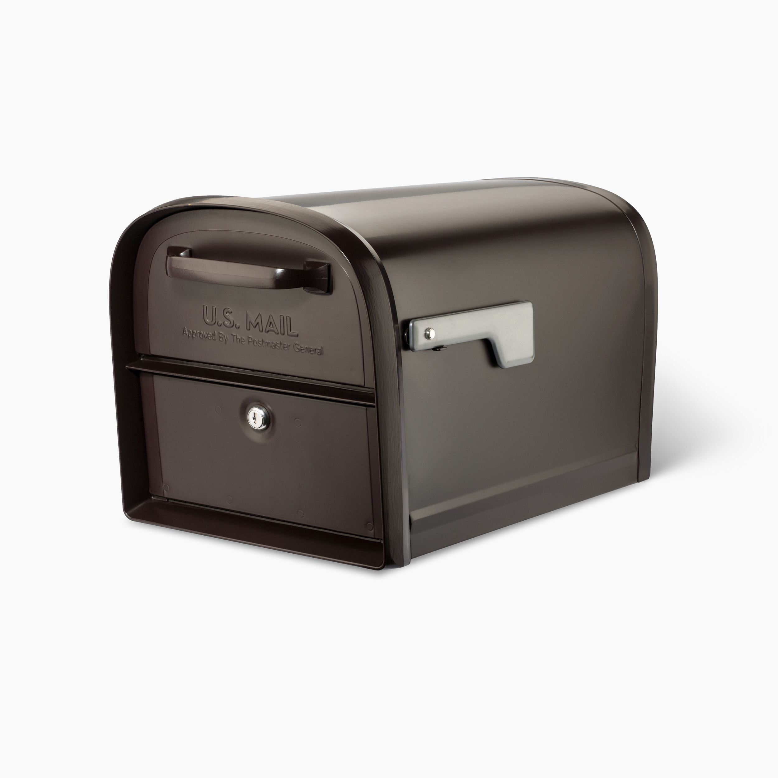 Brown metal curbside mailbox with a curved top and a side flag, photographed against a white background.