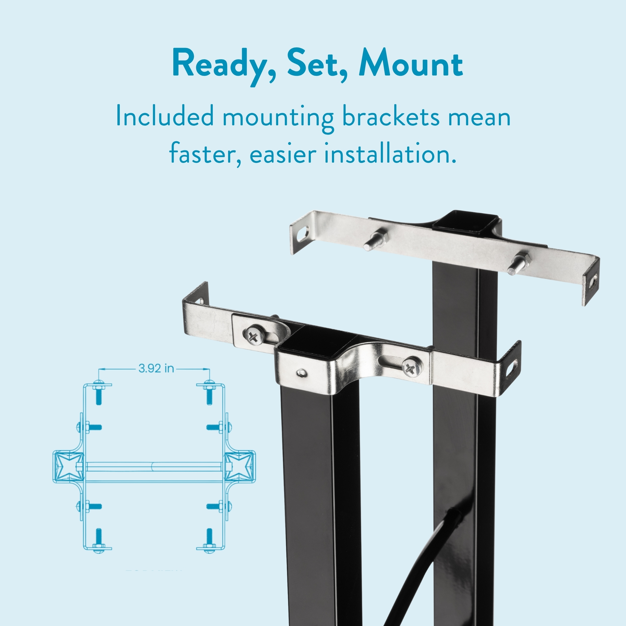 Product image of a black metal stand with silver mounting brackets attached, ready for installation on top of the frame.