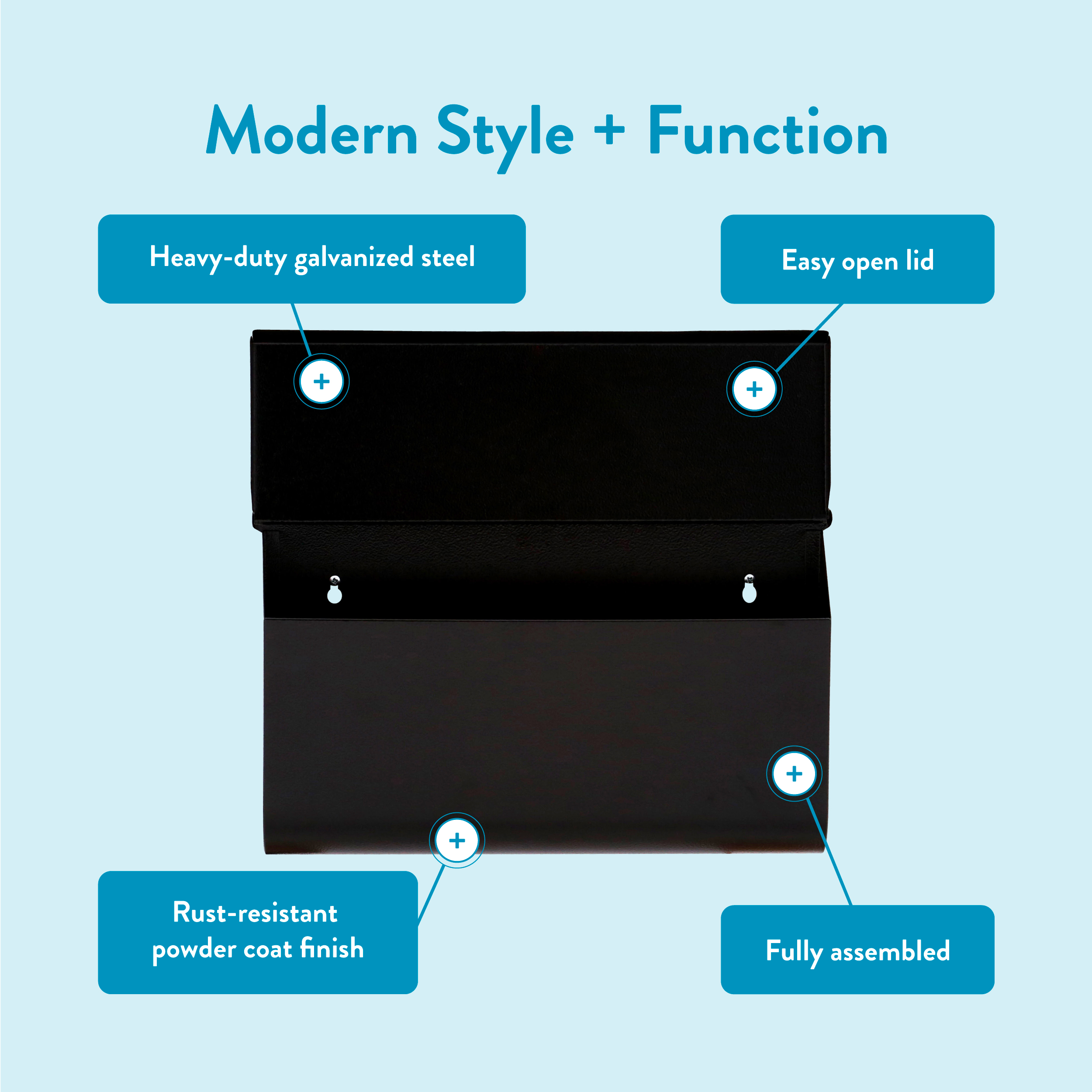 Infographic with a black toolbox and blue callouts: heavy-duty galvanized steel, easy-open lid, rust-resistant powder coat, fully assembled.