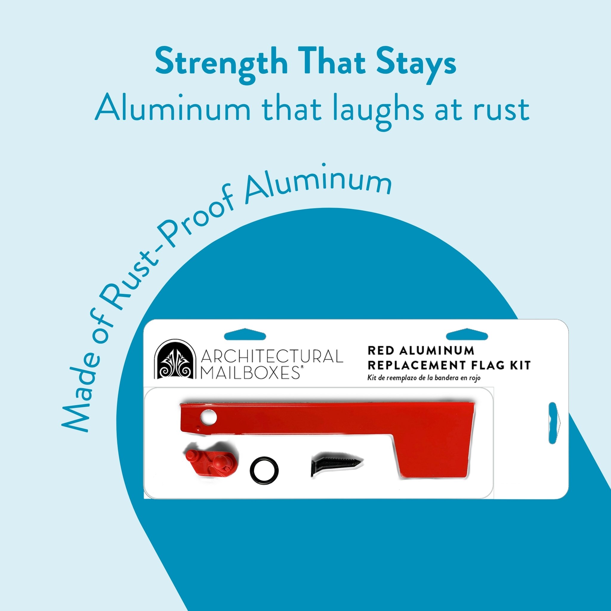 Promotional image for a red aluminum replacement flag kit on packaging, with rust-proof aluminum messaging on a blue background.