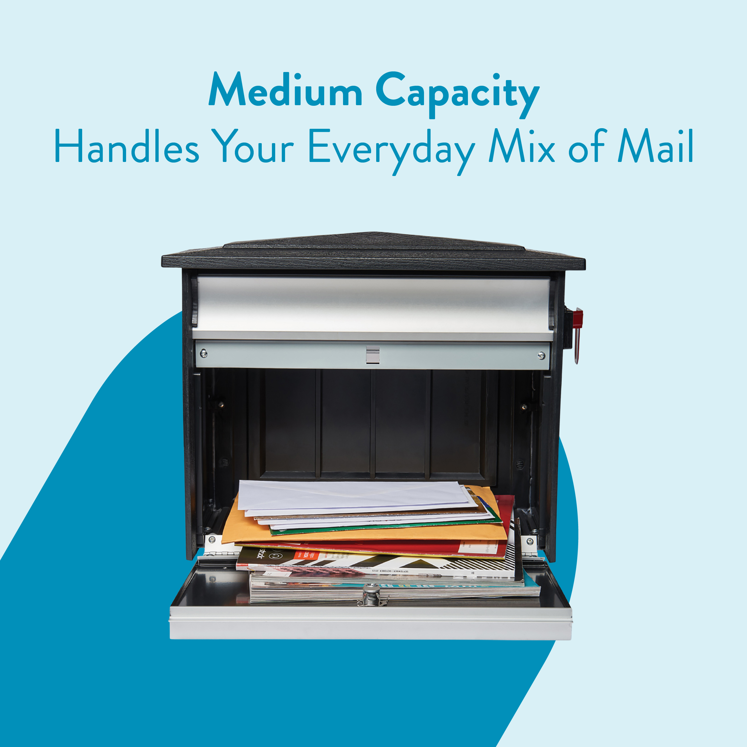 Open mailbox with a pile of mail and folders inside; blue promotional background reads “Medium Capacity Handles Your Everyday Mix of Mail.”