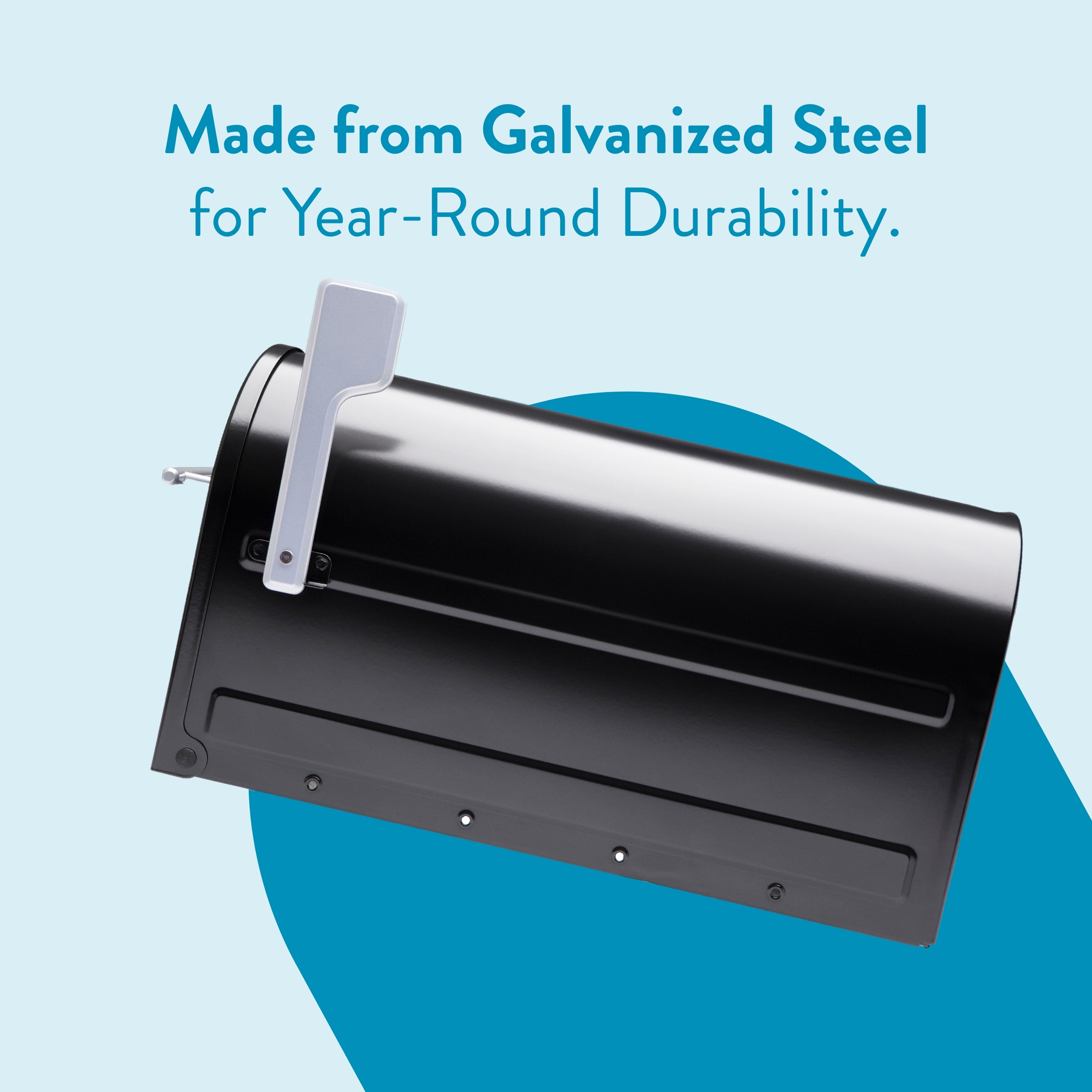 Galvanized steel mailbox angled on a blue background, advertising year-round durability.