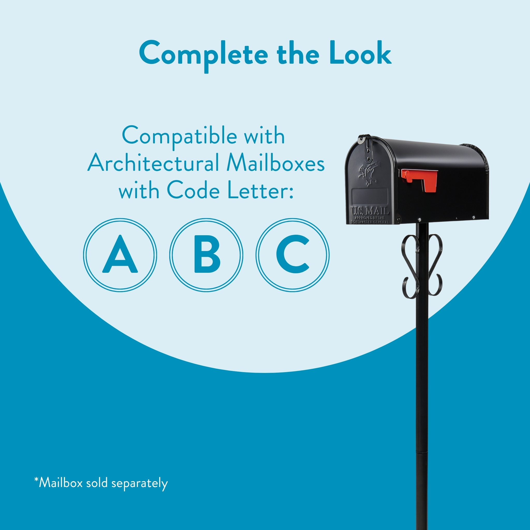Banner reading 'Complete the Look' with text about mailboxes and code letters A, B, C next to a black mailbox on a post.
