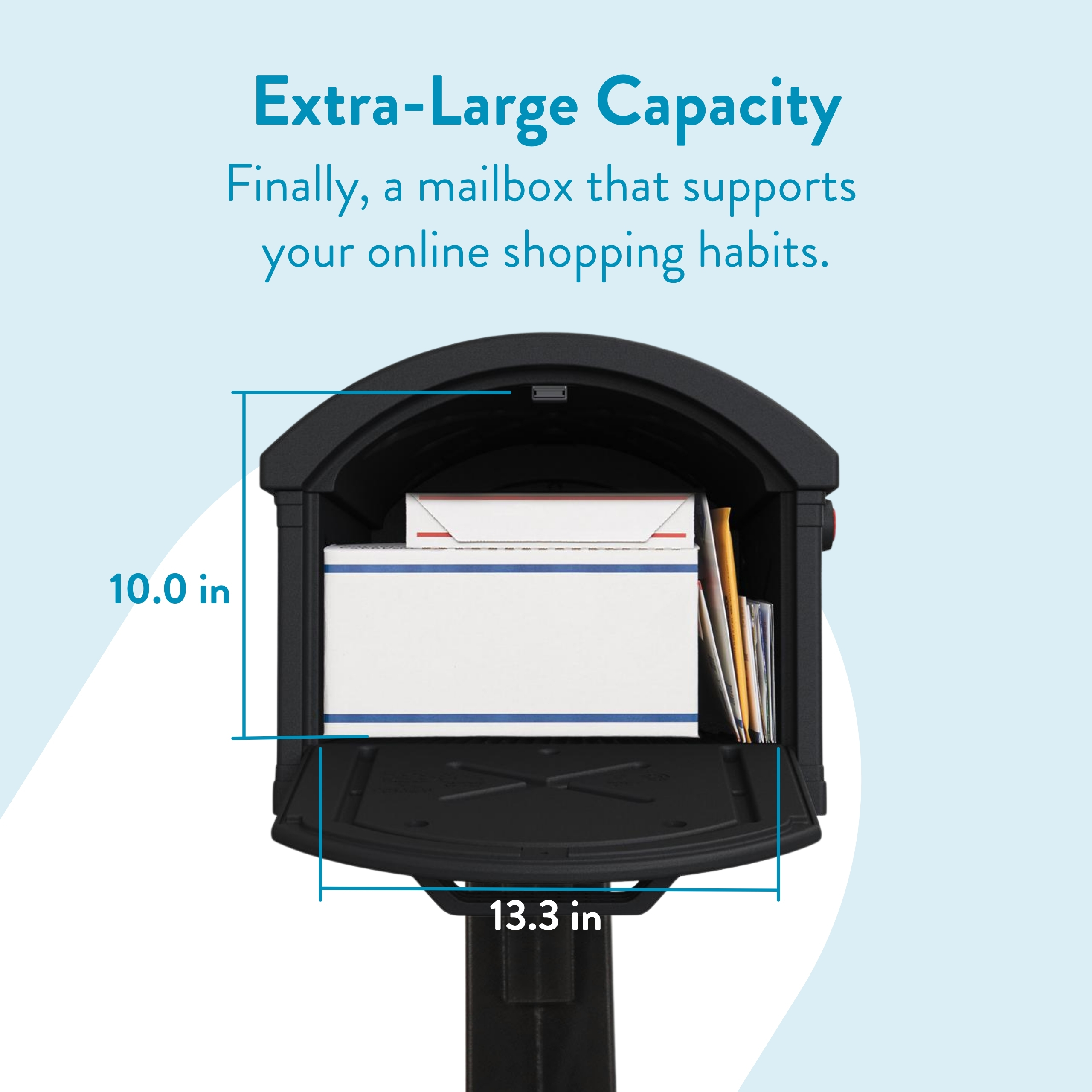 Open black mailbox showing large inner space with mail and packages; dimensions labeled 10 in high by 13.3 in wide.