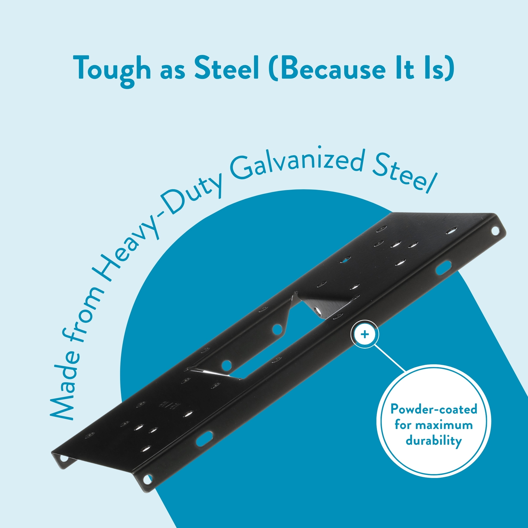Infographic-style image showing a black heavy-duty galvanized steel bracket with a powder-coated finish, over a light blue background on a teal circle.