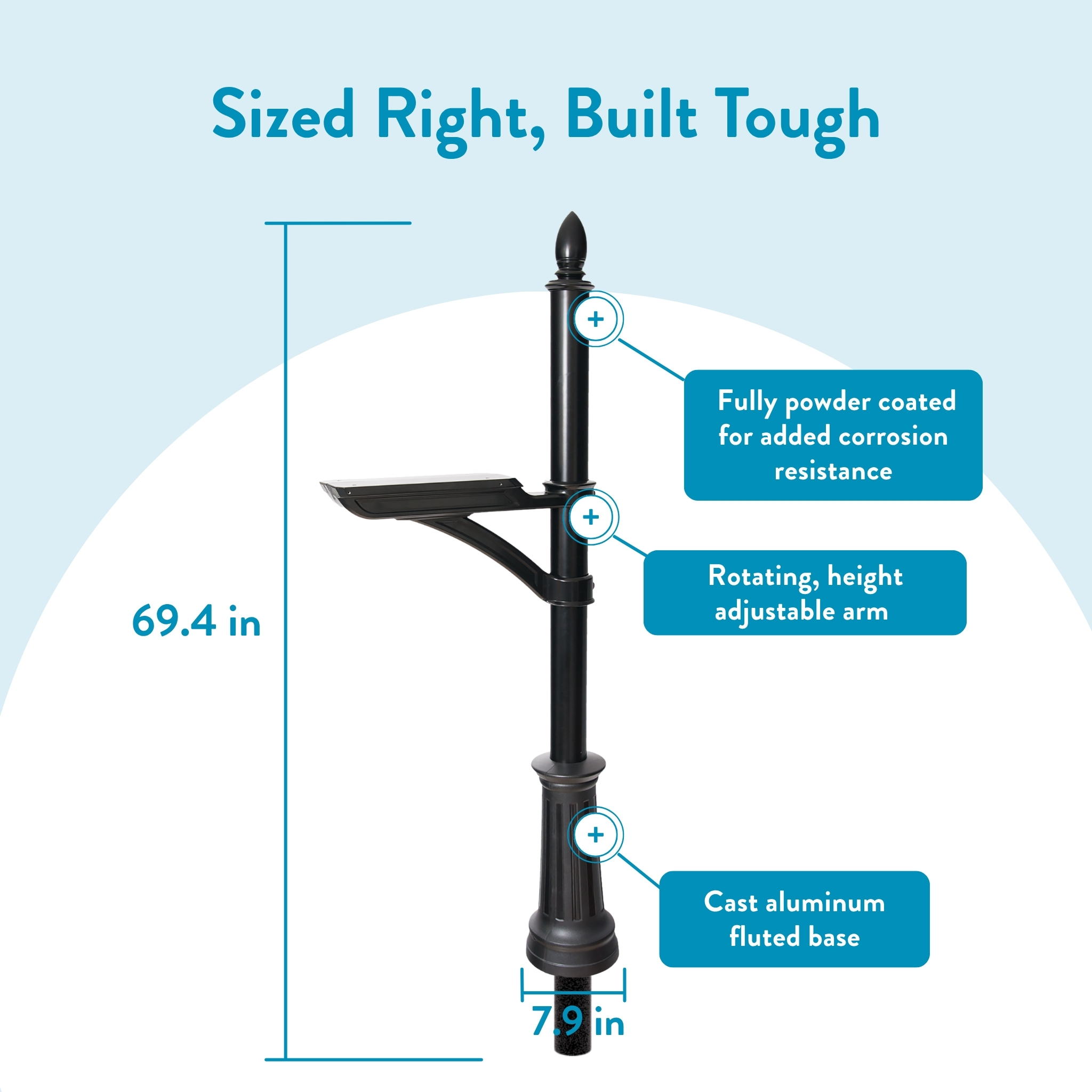 Outdoor street lamp with 69.4-inch height and 7.9-inch base, noting powder coating, adjustable arm, and cast aluminum base.