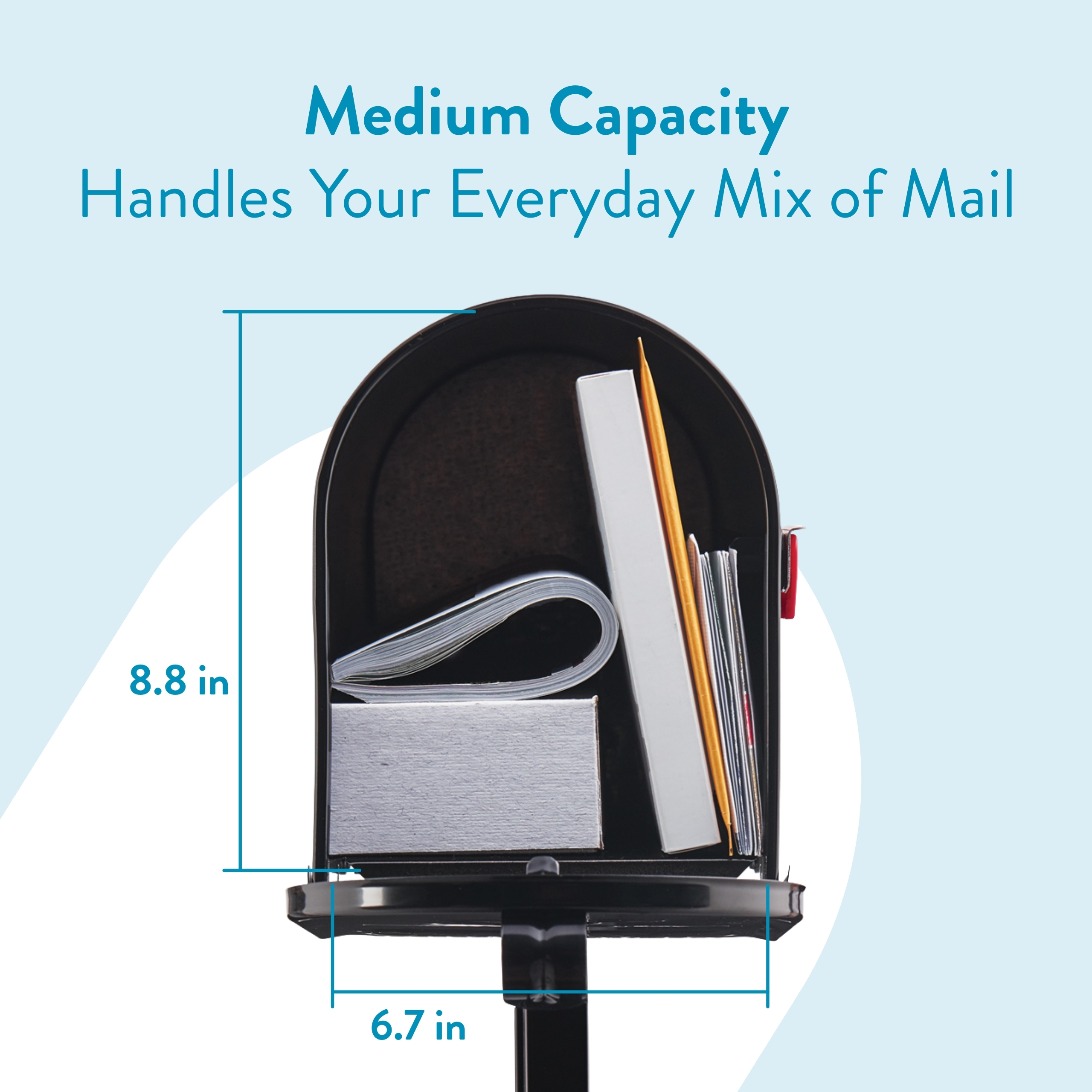 Medium-capacity mailbox with stacked mail items, illustrating dimensions of 8.8 in tall and 6.7 in wide; tagline reads 'Medium Capacity Handles Your Everyday Mix of Mail'