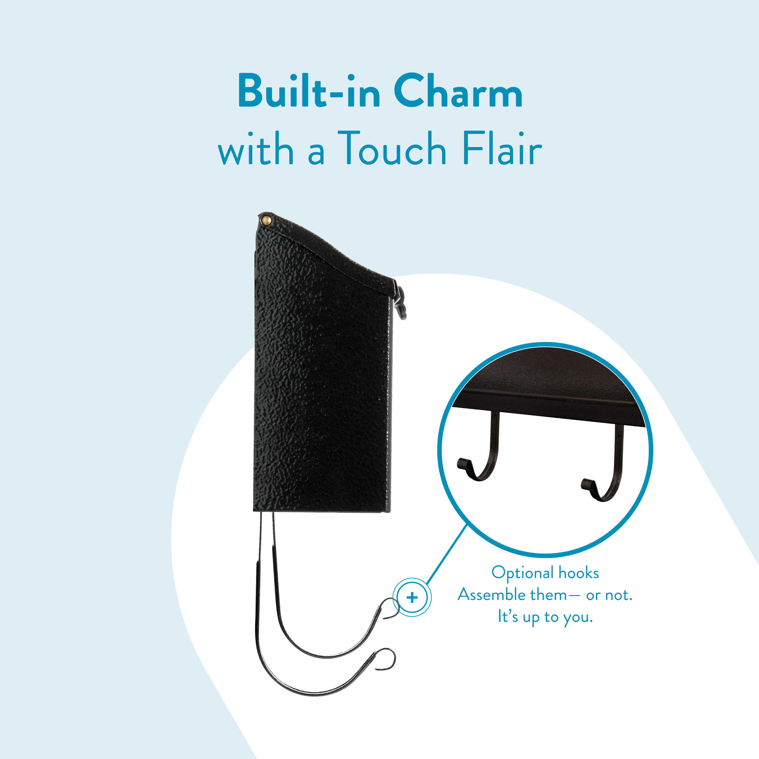 Black hanging leather pouch with a built‑in charm and two curved hooks, showing optional hooks in a circular close‑up inset.