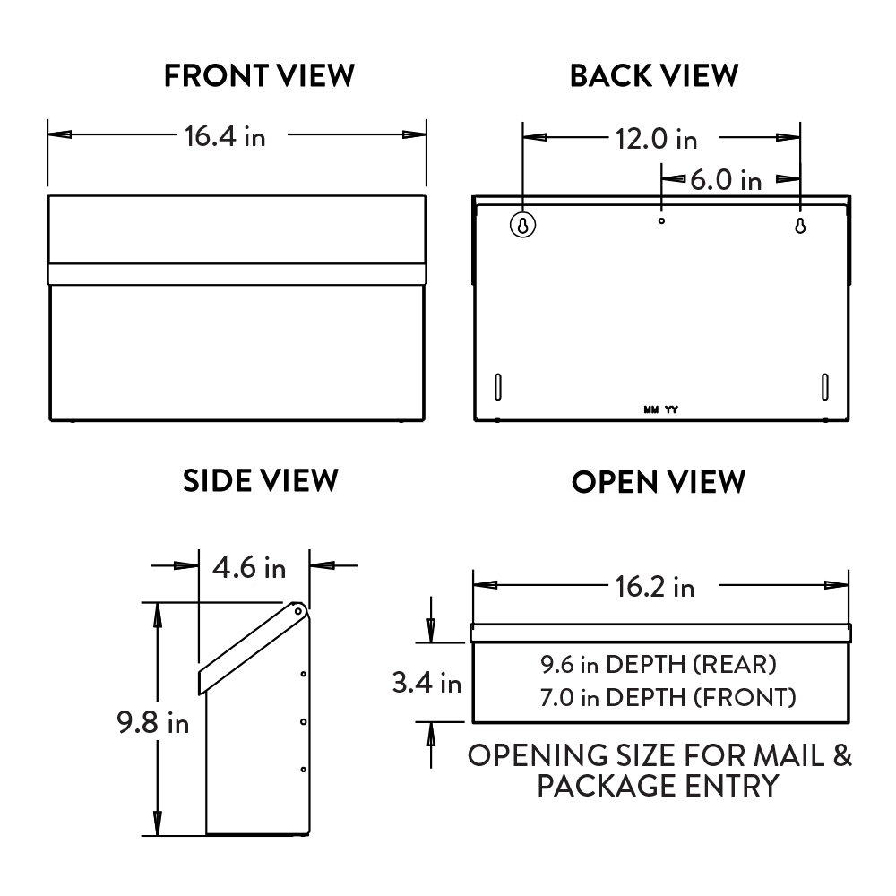 Technical schematic of a rectangular package showing front, back, side, and open views with measurements: width ~16.4 in, back width 12 in with 6 in option, side height 9.8 in and depth ~4.6 in, open view length ~16.2 in with 9.6 in rear depth and 7.0 in front depth; includes mounting holes and brackets.