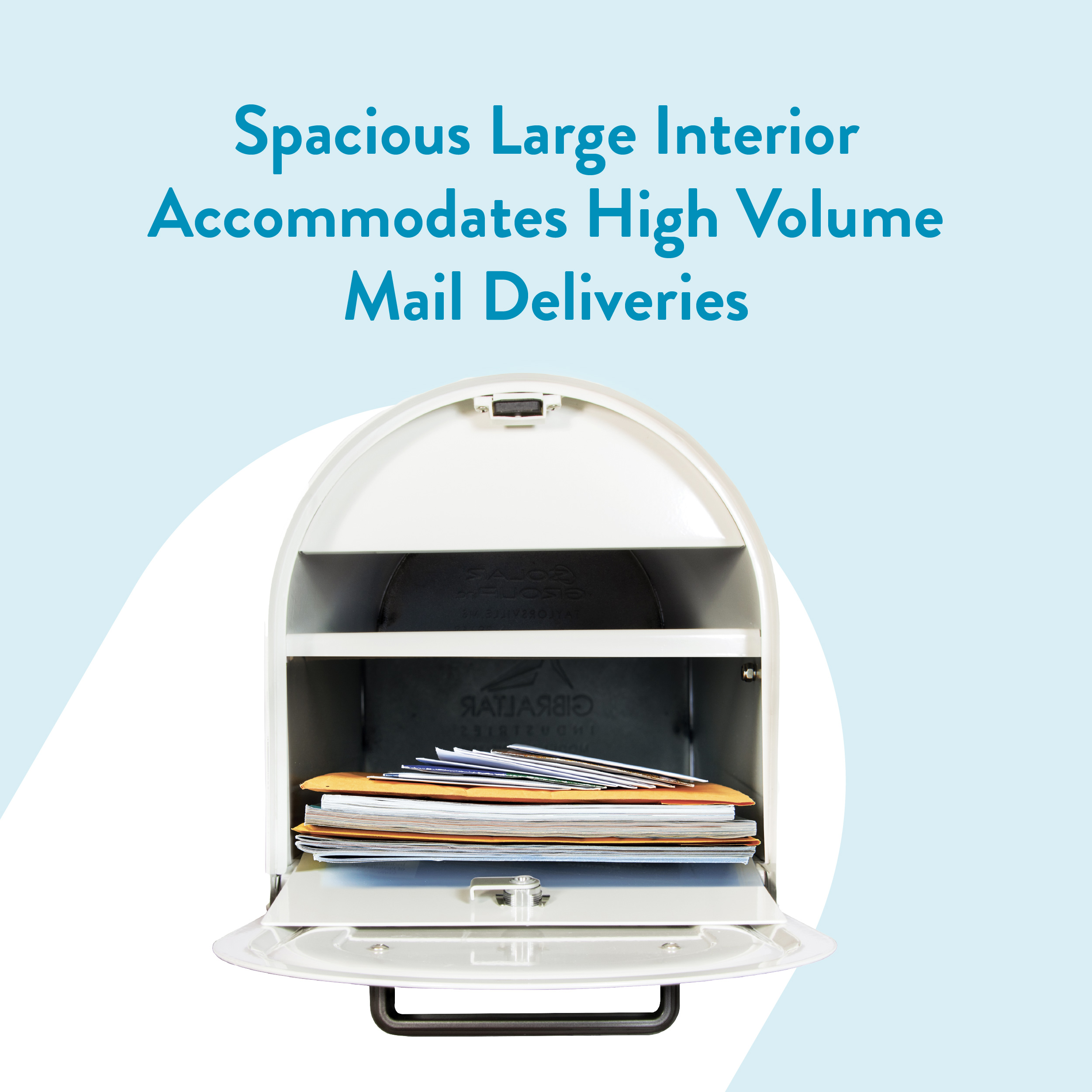Open white mailbox with a stack of mail inside, set against a light blue background. Short text above advertises a spacious interior for high-volume mail.