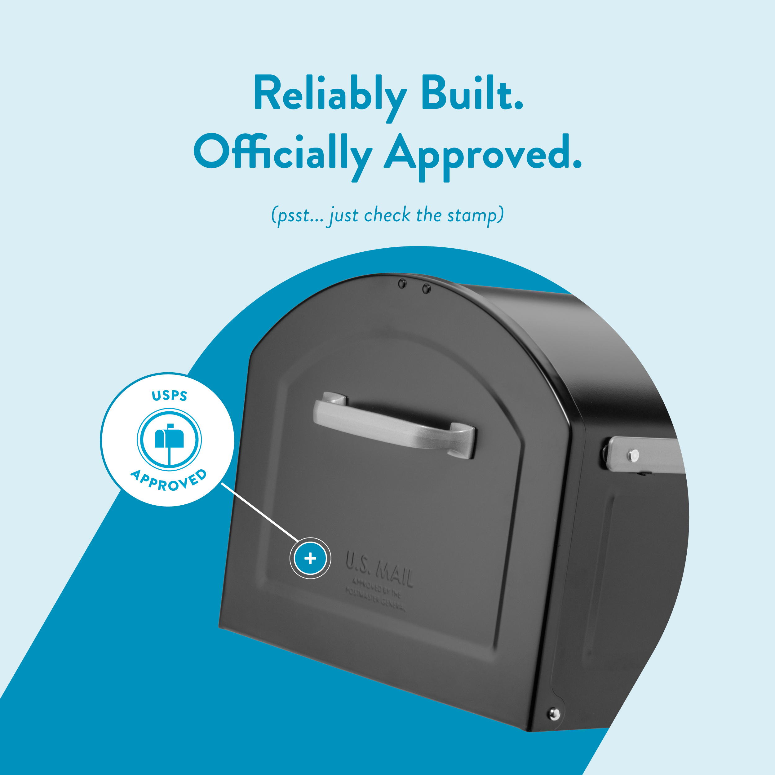 Promotional banner featuring a gray mailbox with a USPS Approved seal on a blue curved background and the headline 'Reliably Built. Officially Approved.'