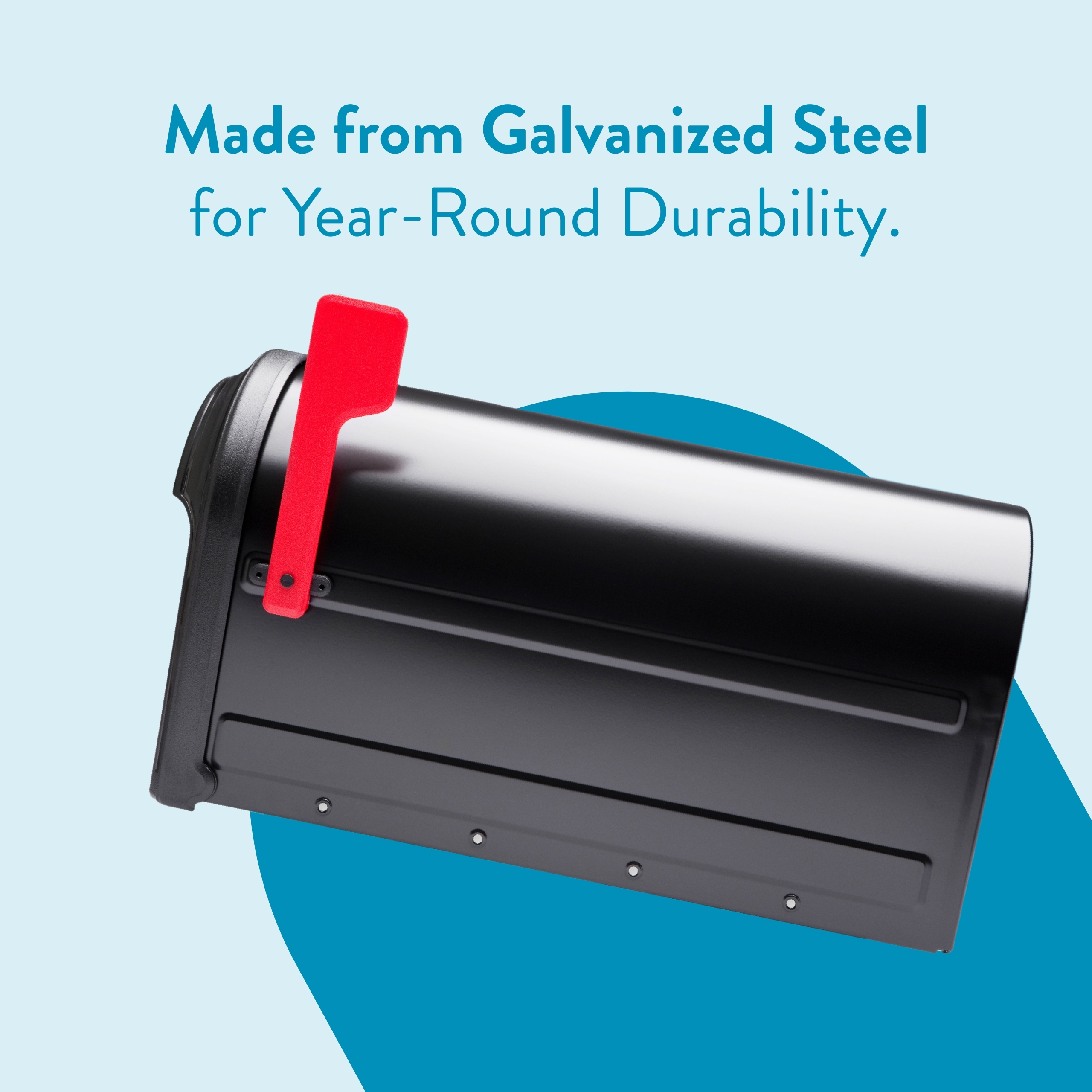 Galvanized steel mailbox with a red flag, angled against a light blue background, highlighting durability for year-round use.
