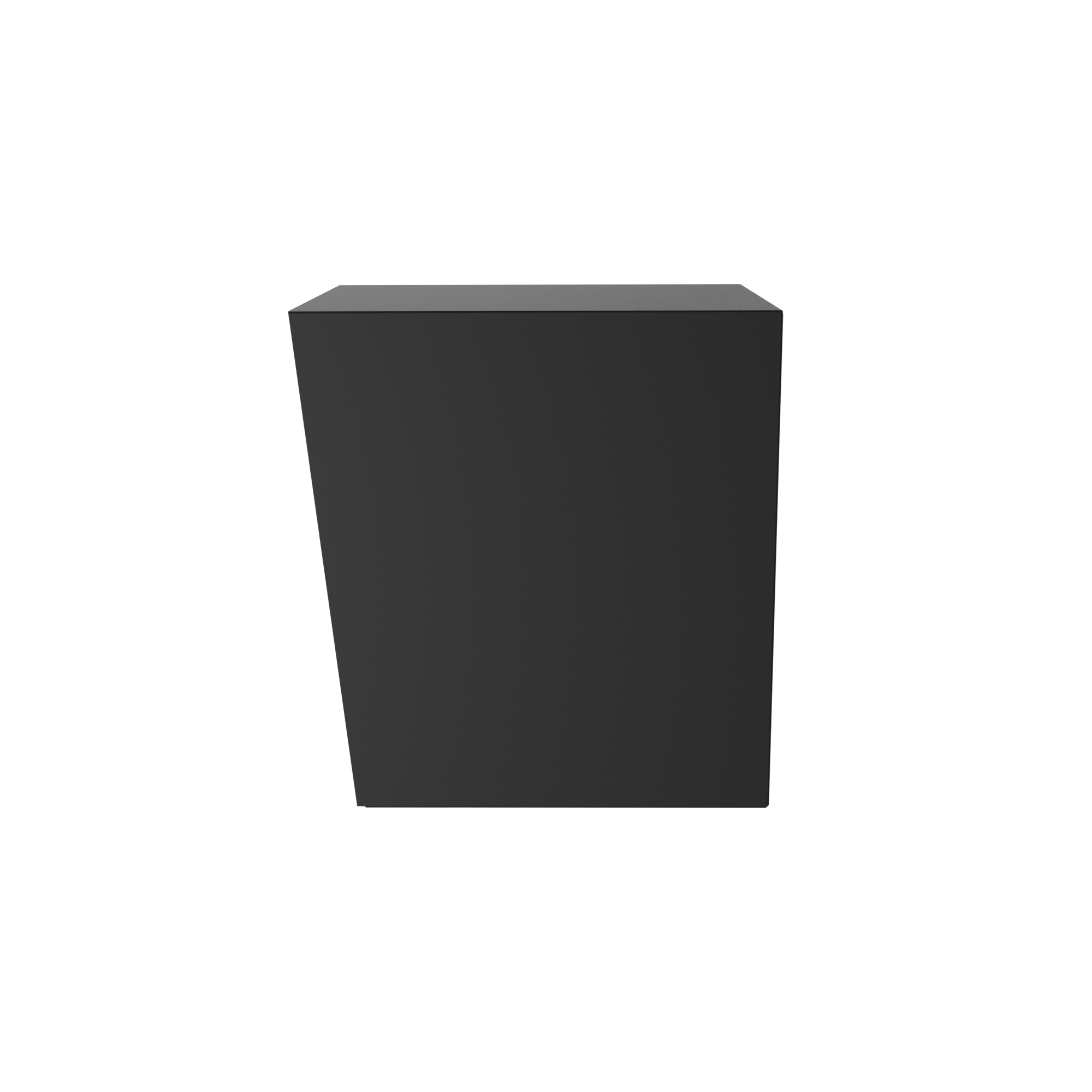 A dark gray rectangular prism, shown from a slight front-right angle, like a pedestal or cabinet.