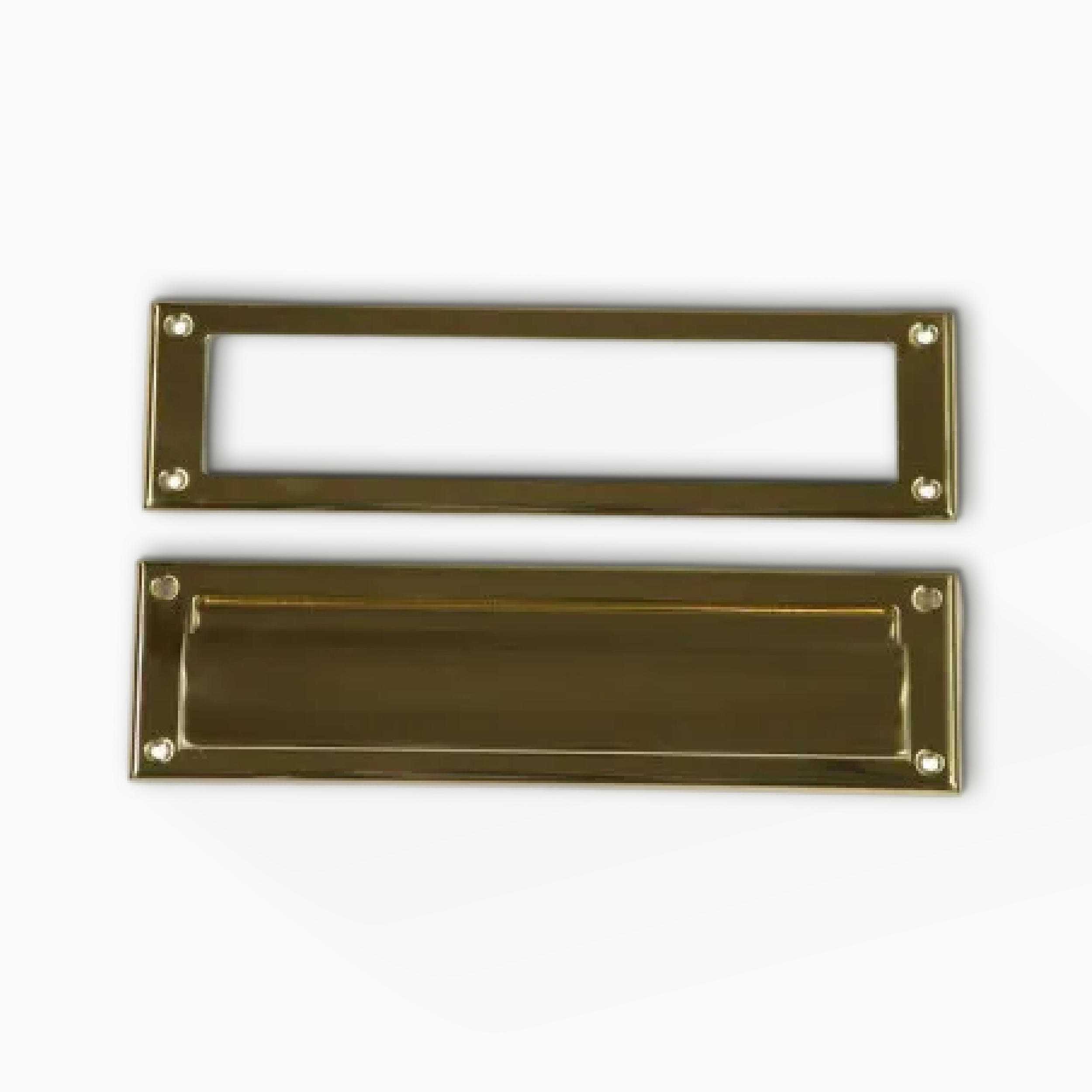 Two brass rectangular plate frames; the top has an empty slot, the bottom is a solid plate with a recessed inner edge, both with four corner screw holes.