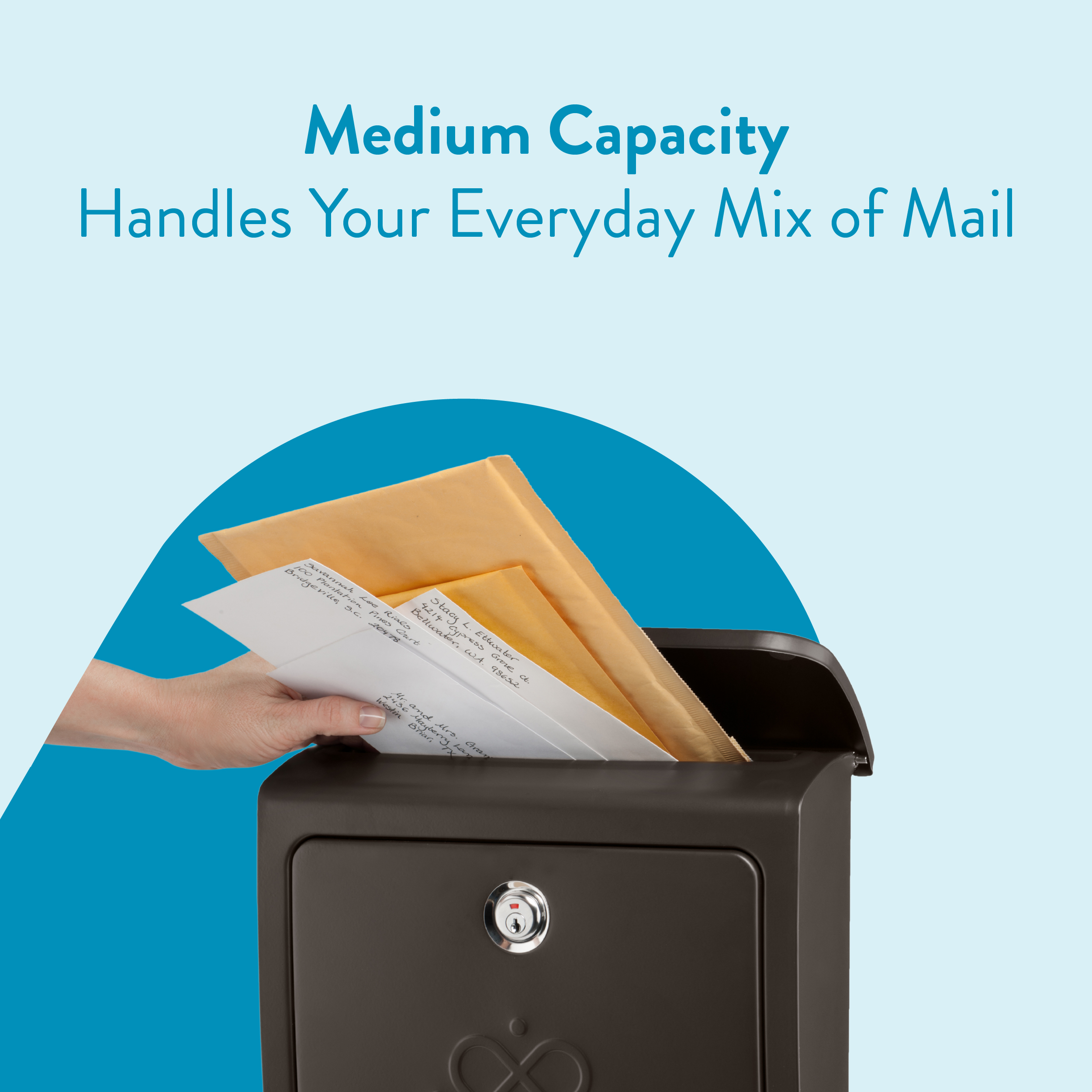 Product promo: a dark mailbox being filled with letters against a light blue background, illustrating medium-capacity mail handling.