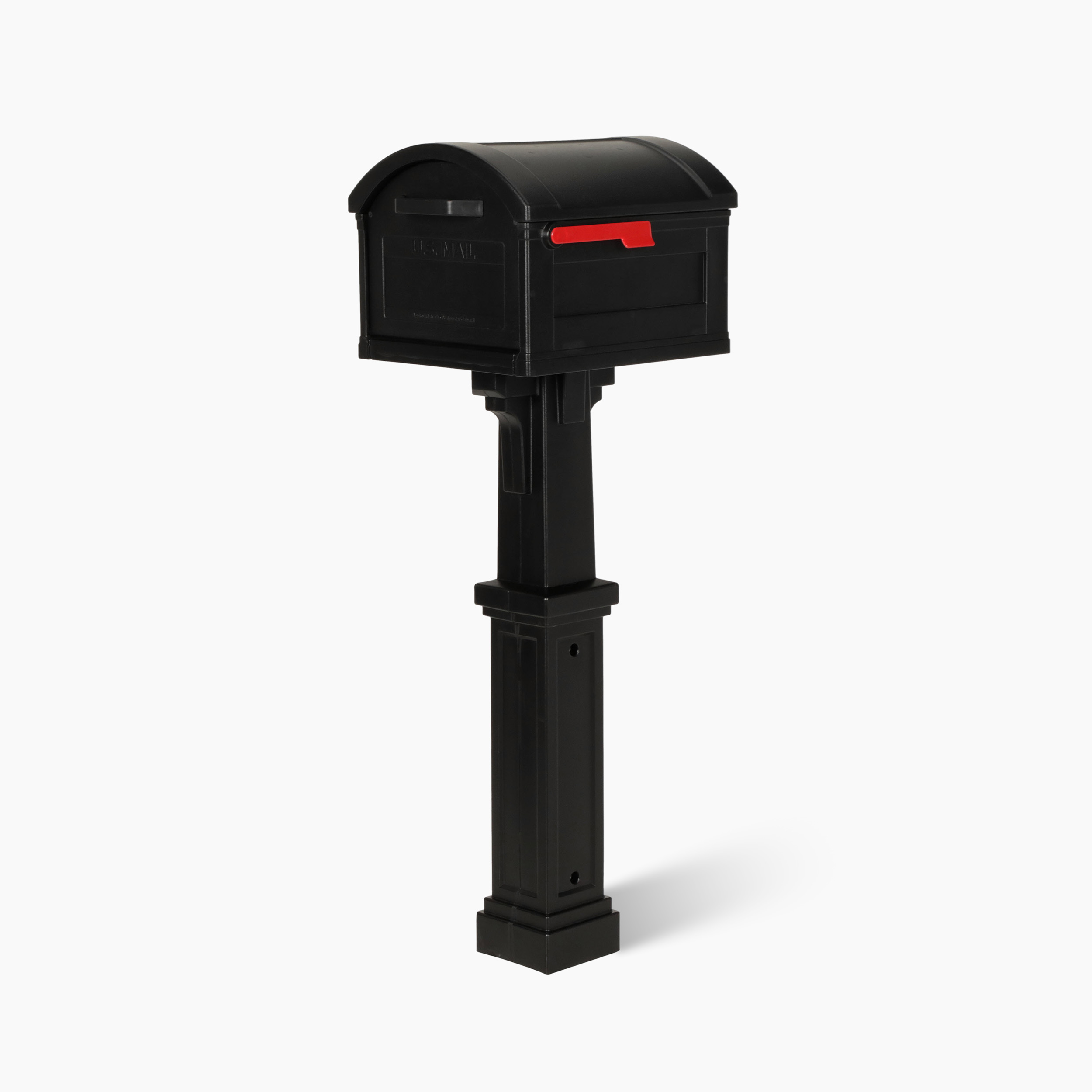 Black curbside mailbox on a tall black post with a red flag, set against a light background.