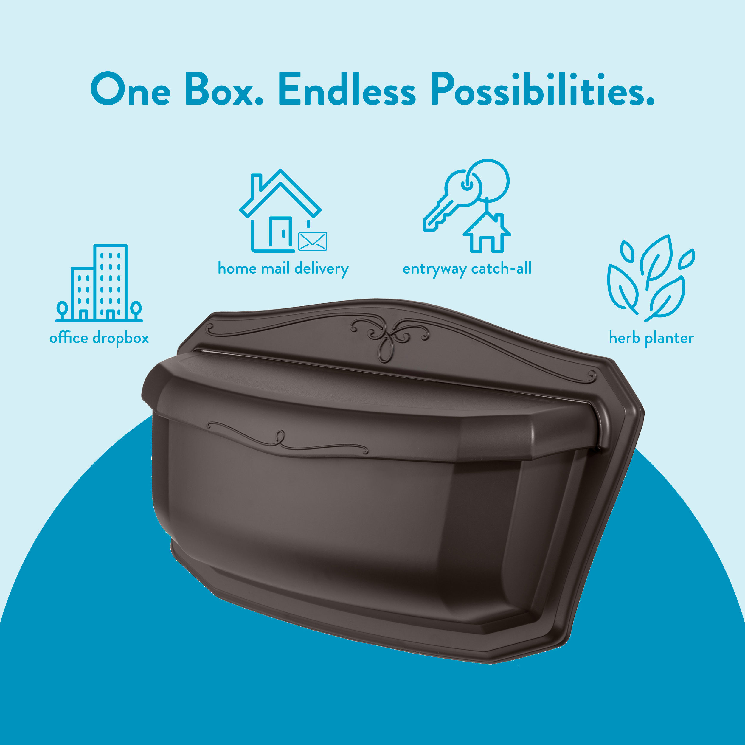 Promotional graphic for a versatile storage box: slogan 'One Box. Endless Possibilities.' with icons for office dropbox, home mail delivery, entryway catch‑all, and herb planter.