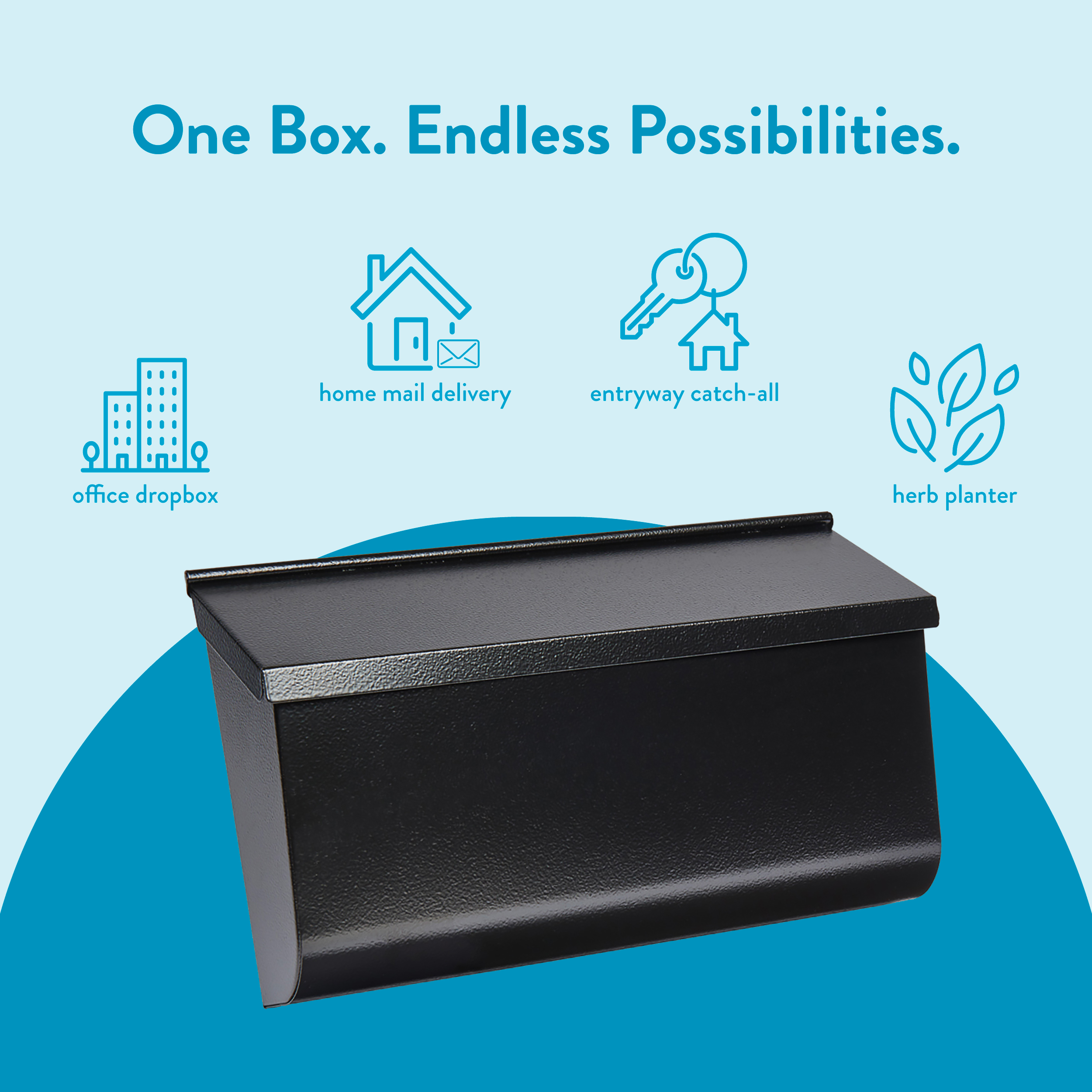 Black mailbox-style box on a light blue background with the slogan 'One Box. Endless Possibilities.' and icons for home mail delivery, entryway catch-all, office dropbox, and herb planter.