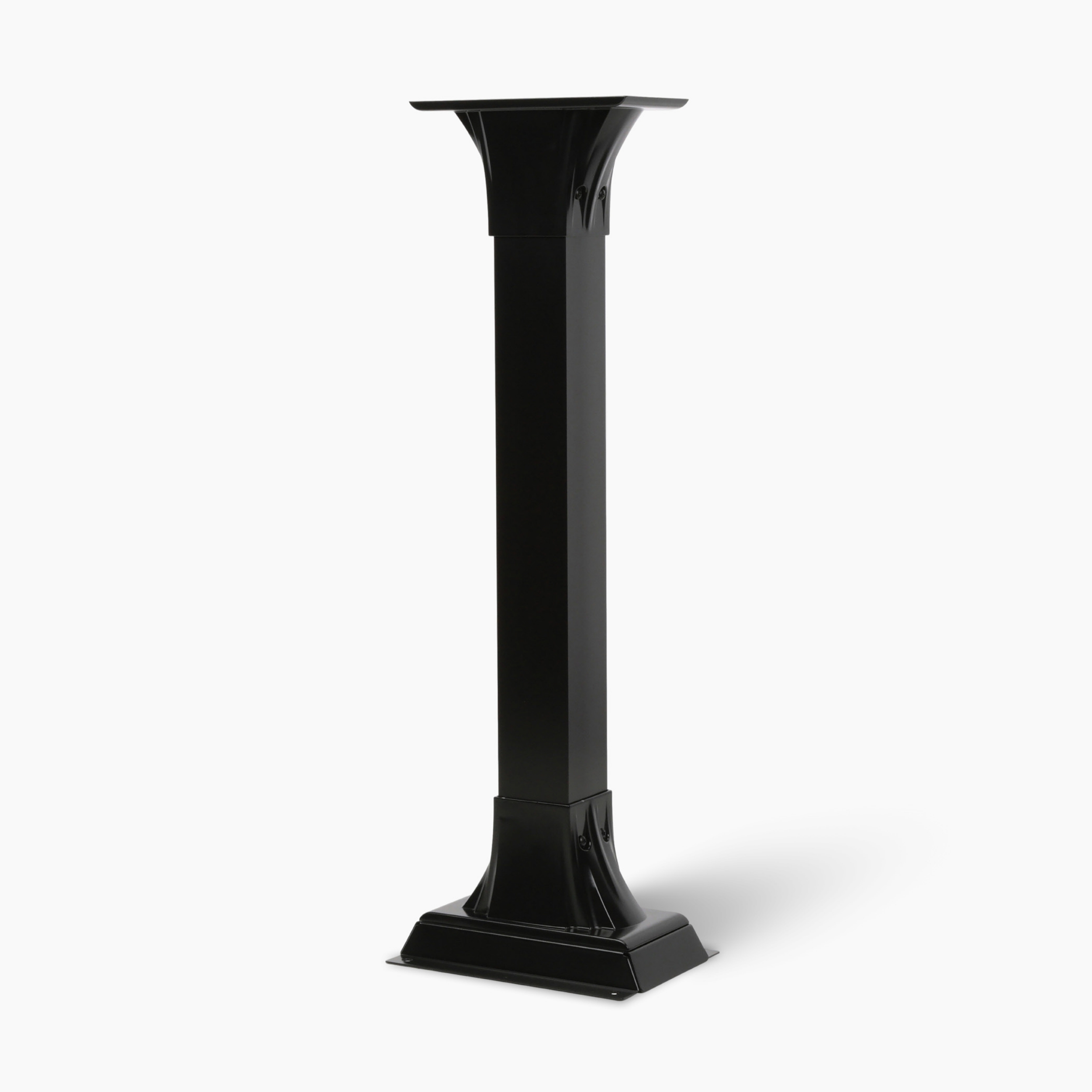 Black metal pedestal stand with a square base and a flat rectangular top plate.