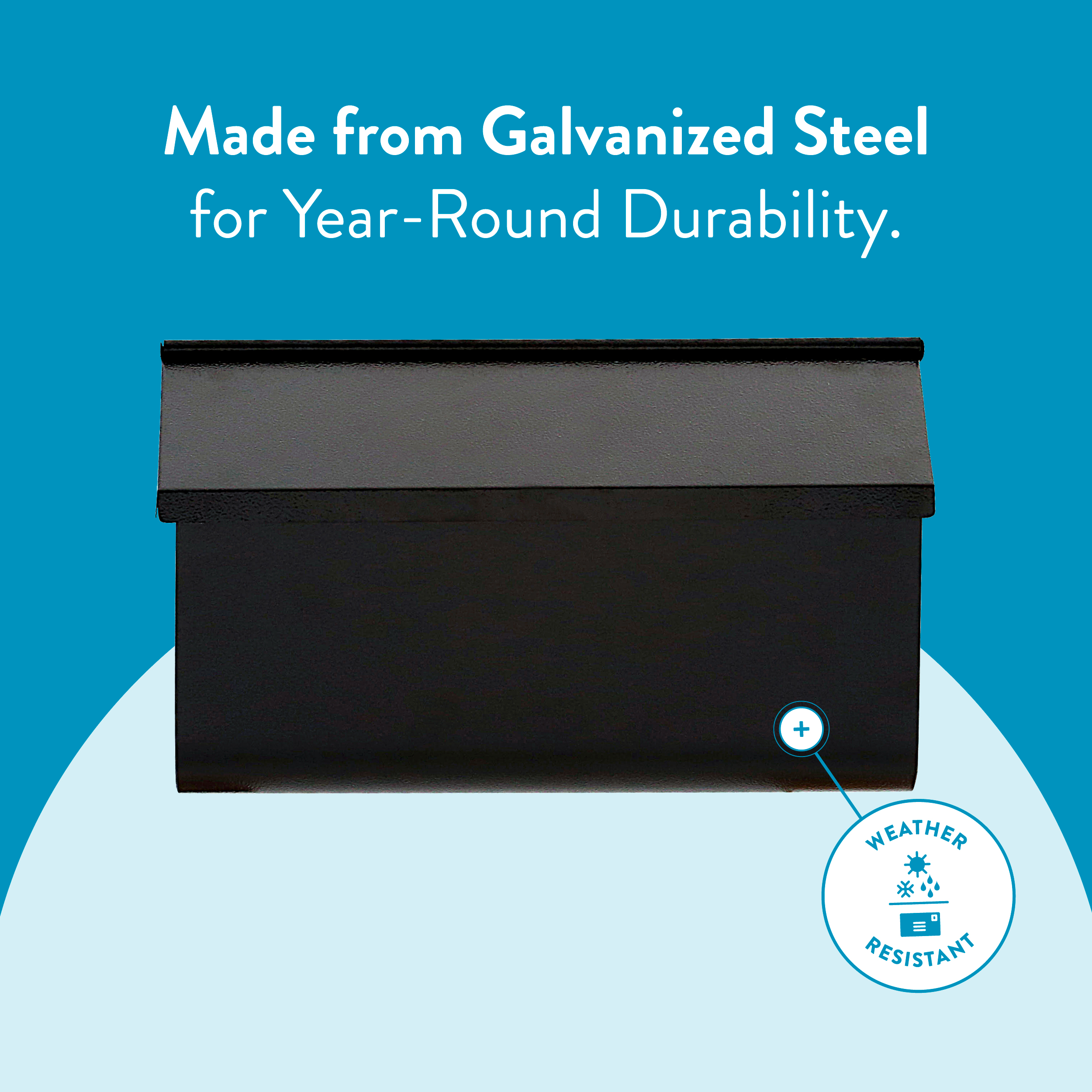 Advert image showing a black mailbox on a blue background with the headline 'Made from Galvanized Steel for Year-Round Durability' and a circular 'Weather Resistant' badge in the corner.