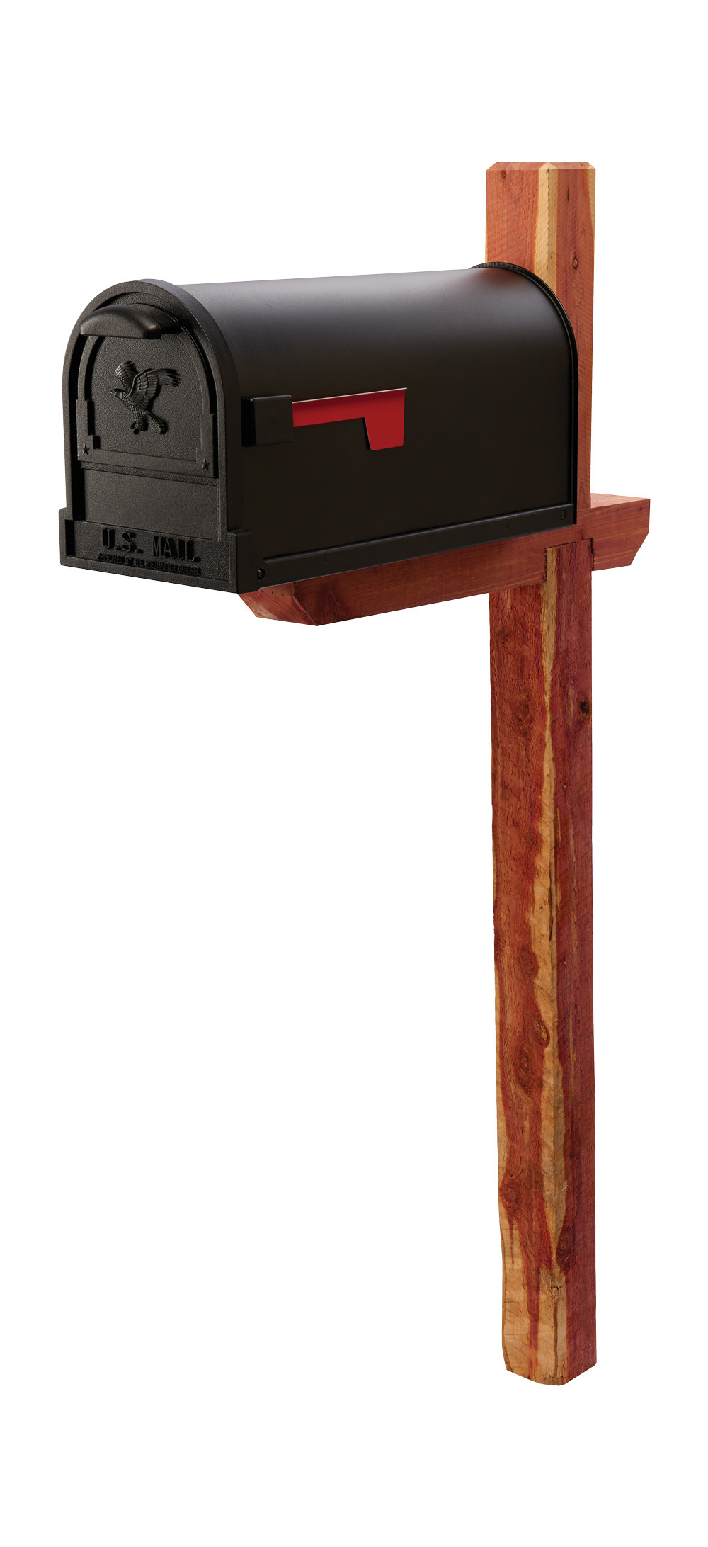 Black curbside mailbox mounted on a wooden post with red flag raised, facing left side of image.