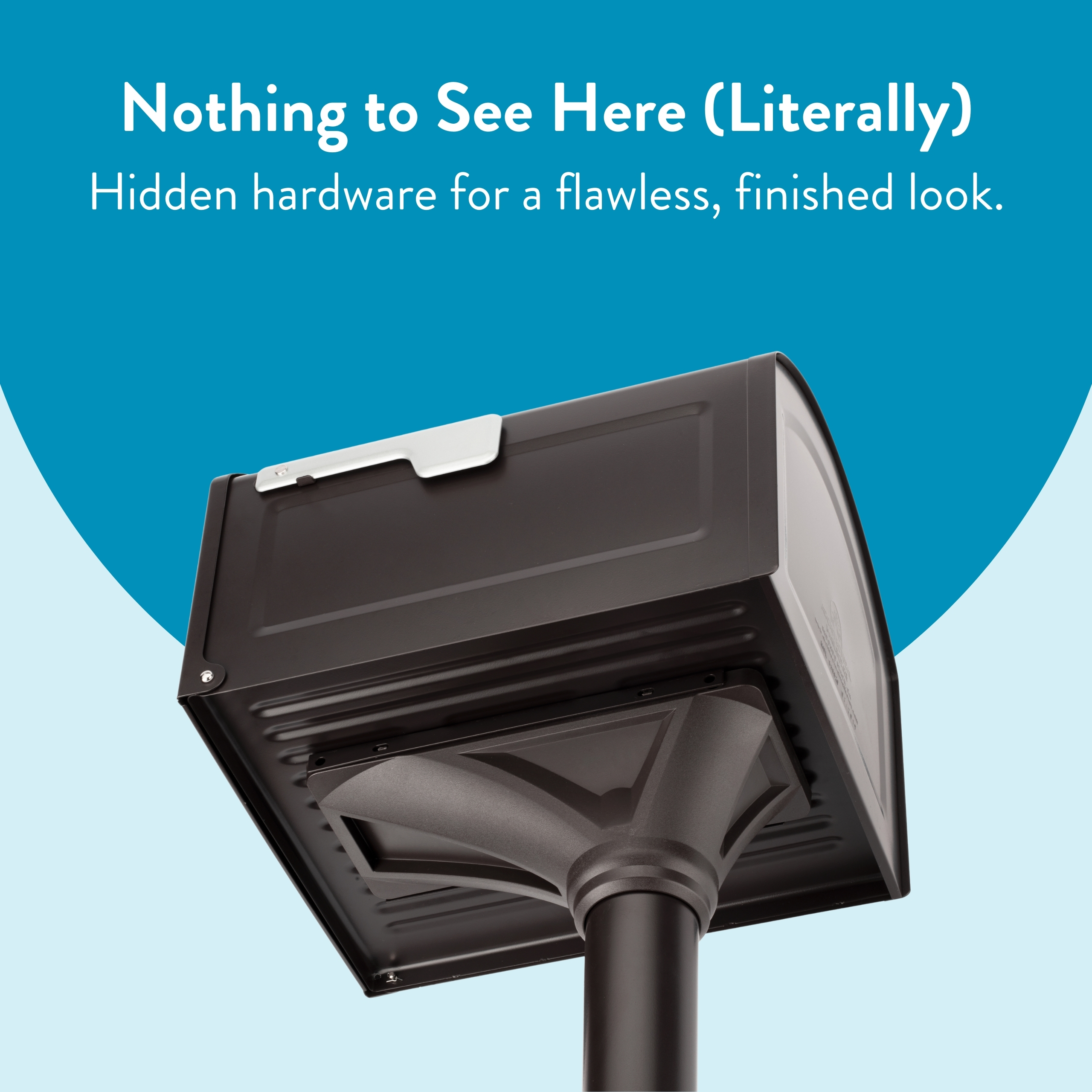 Close-up of a streetlight head on a pole against a blue background, with the caption promoting hidden hardware for a flawless finish.
