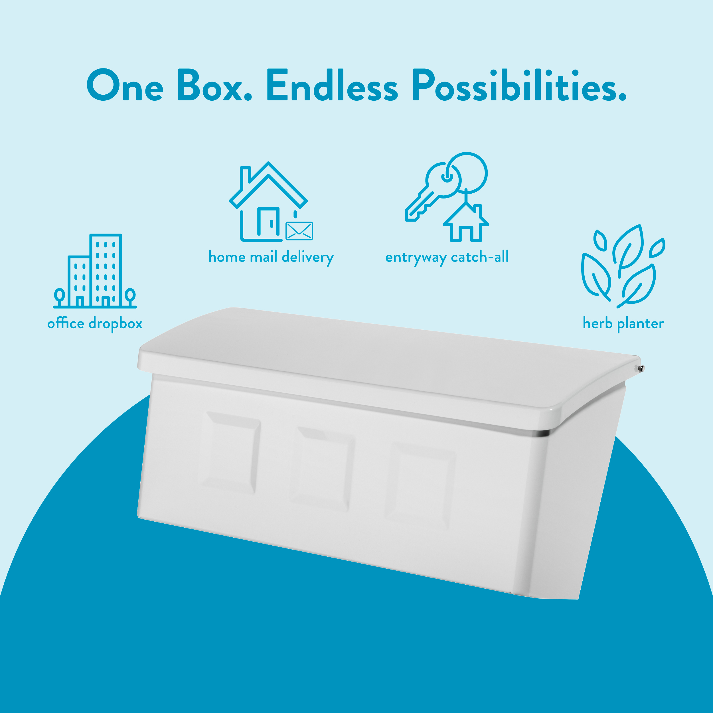 White storage box on a light blue background with the slogan “One Box. Endless Possibilities.” and icons labeled: office dropbox, home mail delivery, entryway catch-all, and herb planter.