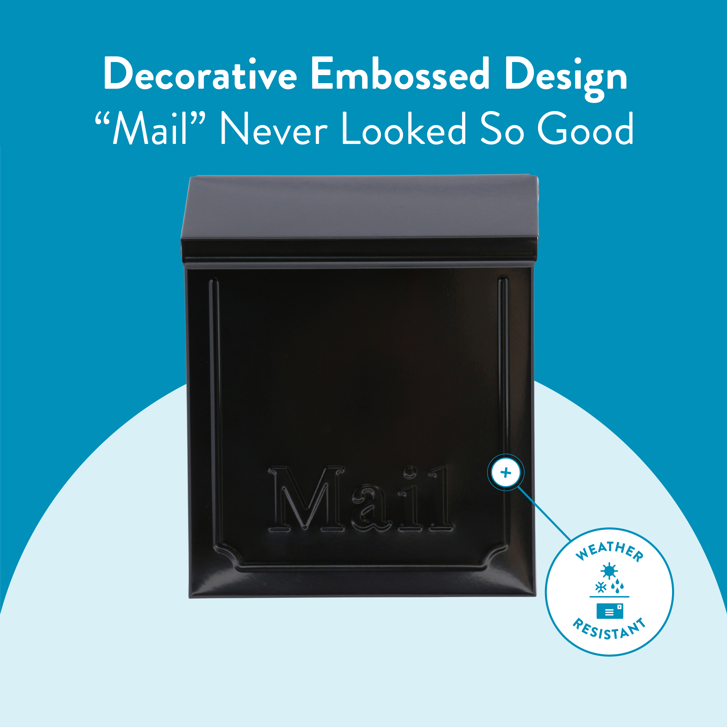 Black mailbox on teal background with a curved pale arc and the headline about decorative embossed design and weather resistance badge at bottom-right.