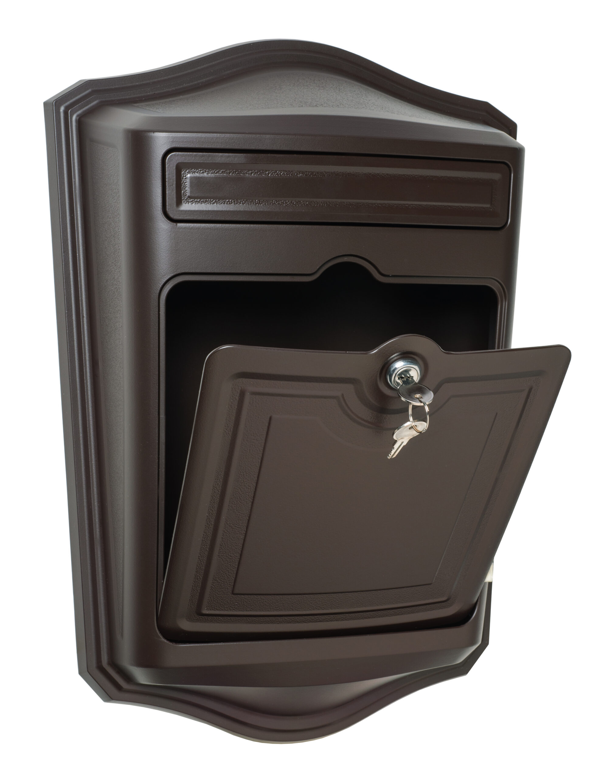 Brown wall-mounted mailbox with the front door open, showing the inner compartment and a key in the lock at the center.