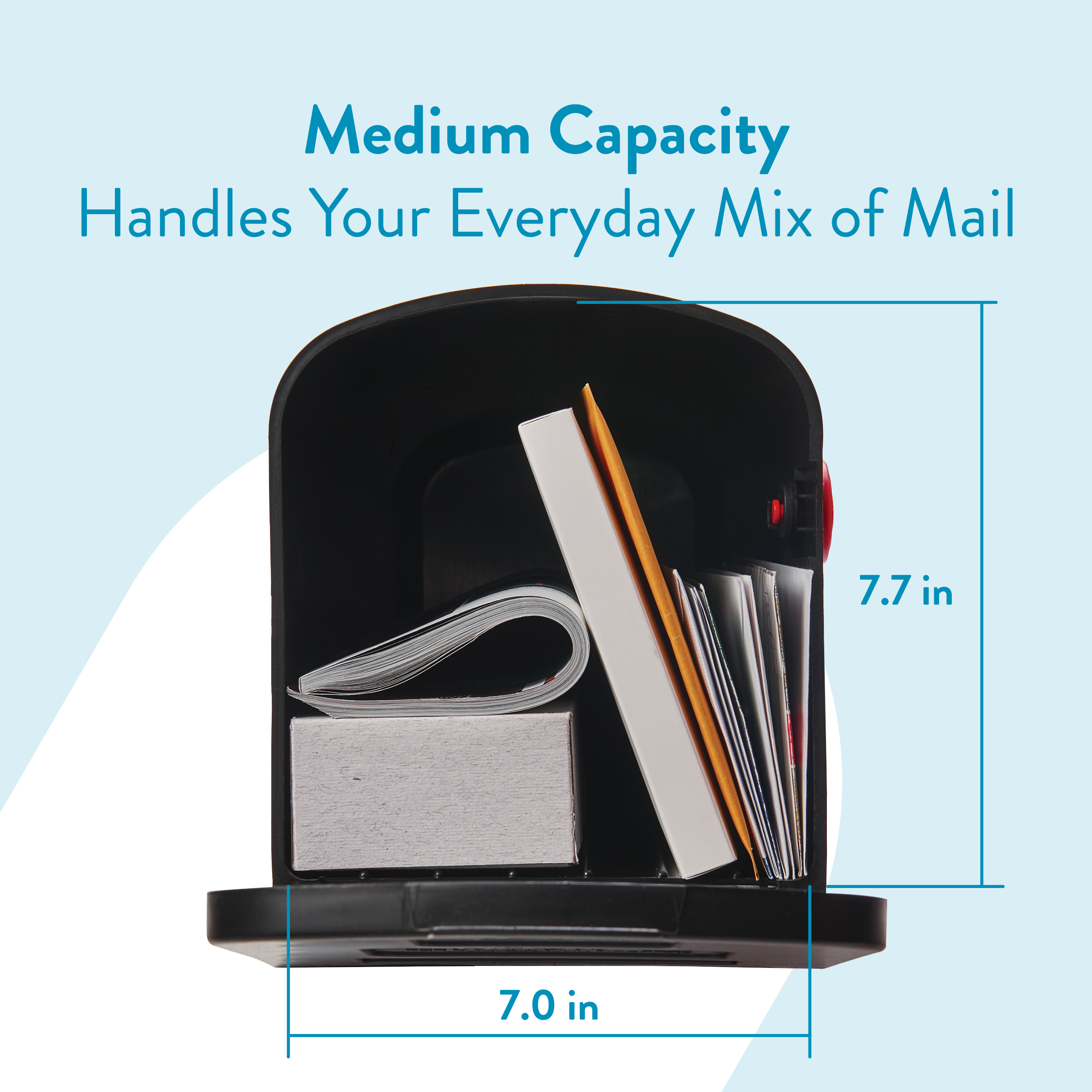 Medium-capacity mailbox filled with envelopes and papers, labeled 7.7 in tall by 7.0 in wide, for everyday mail.